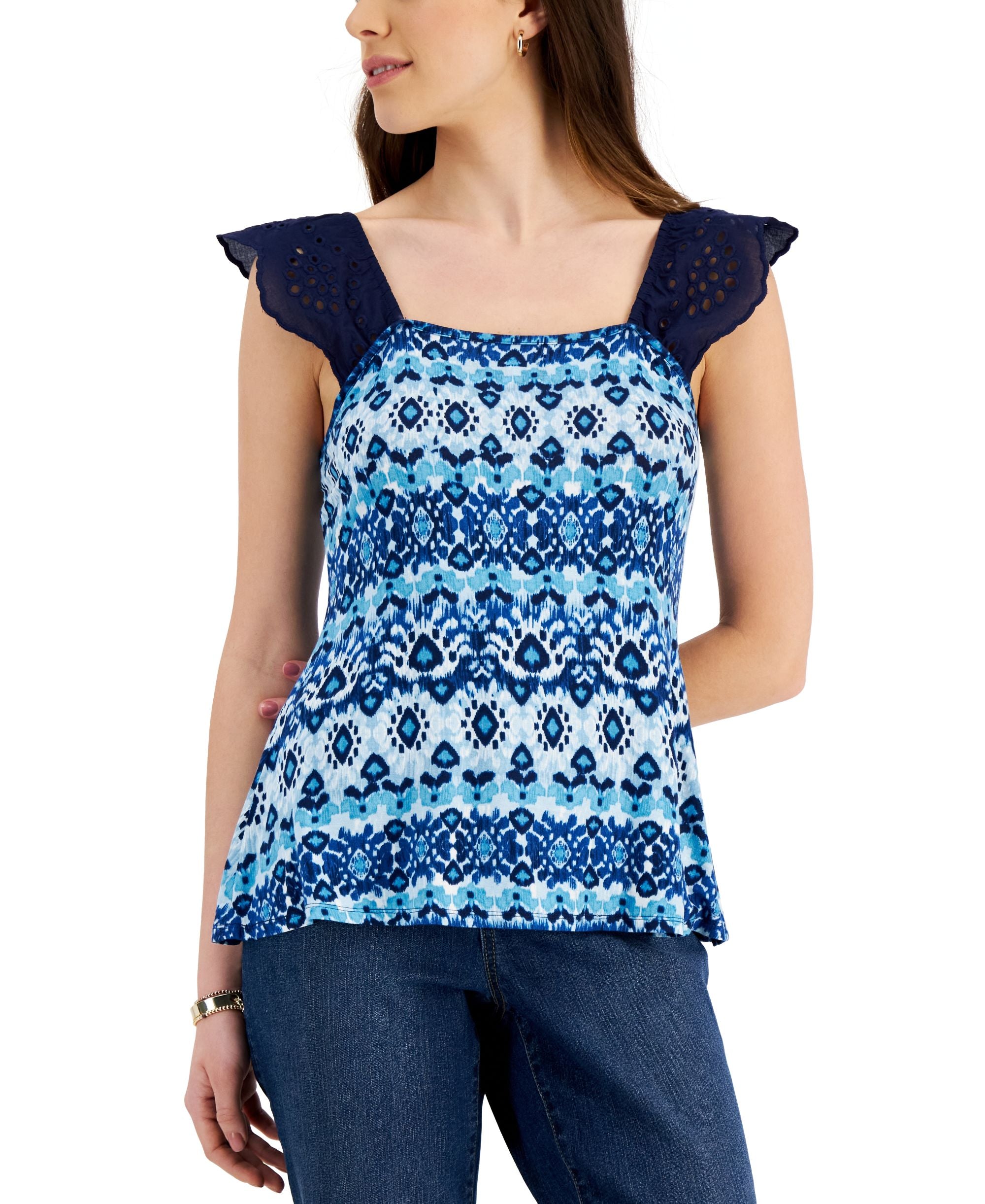 Willow Drive Eyelet Flutter Sleeve Top