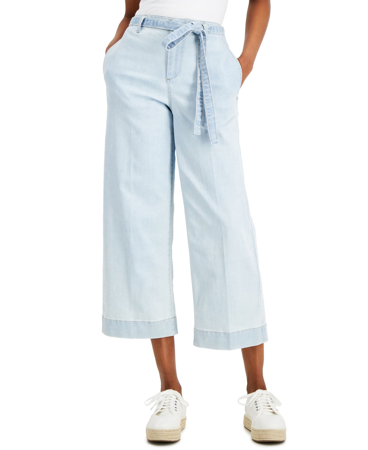 Charter Club Womens Boca Belted Wide-Leg Cropped Jeans