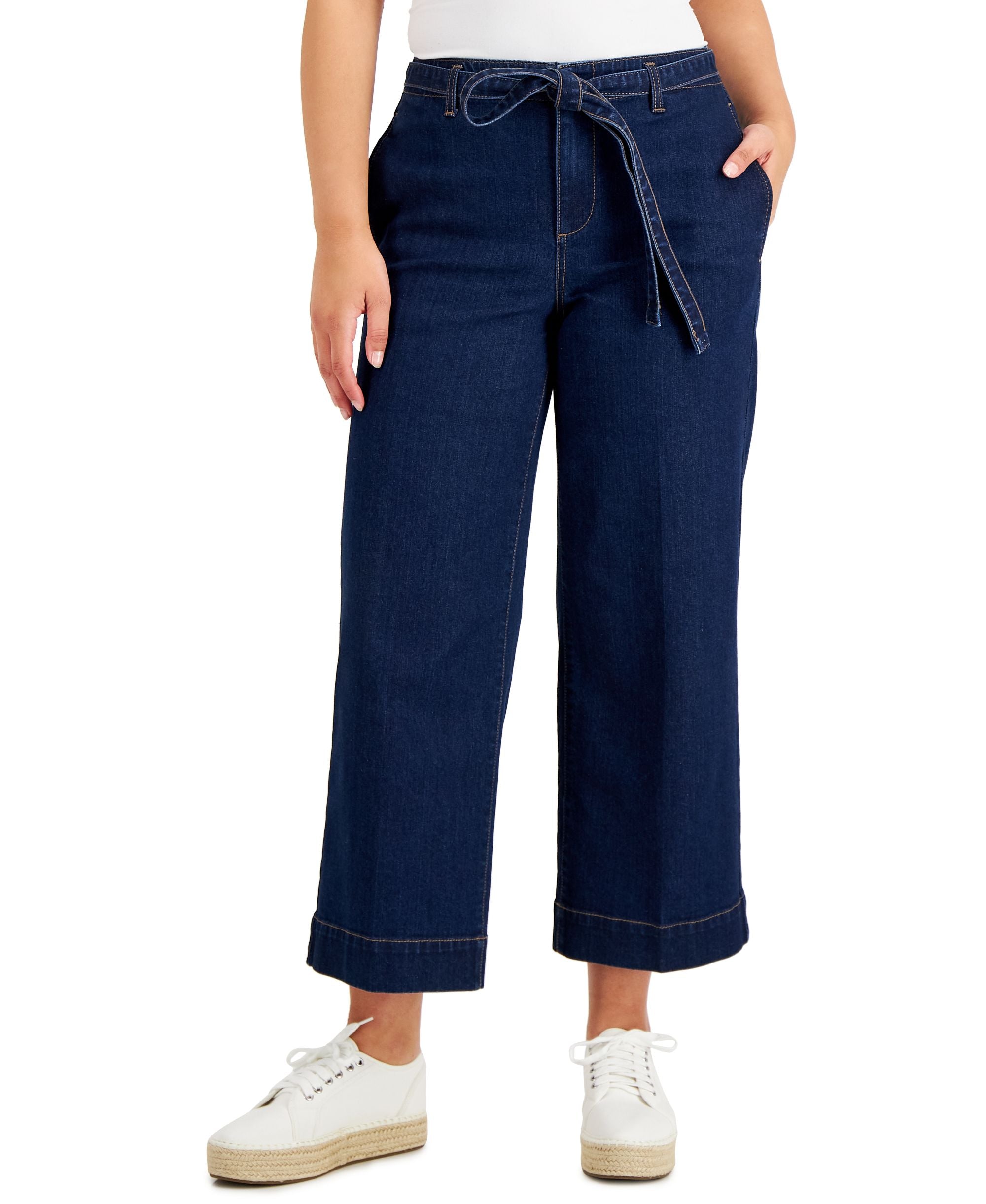 Charter Club Womens Belted Wide Leg Cropped Jeans