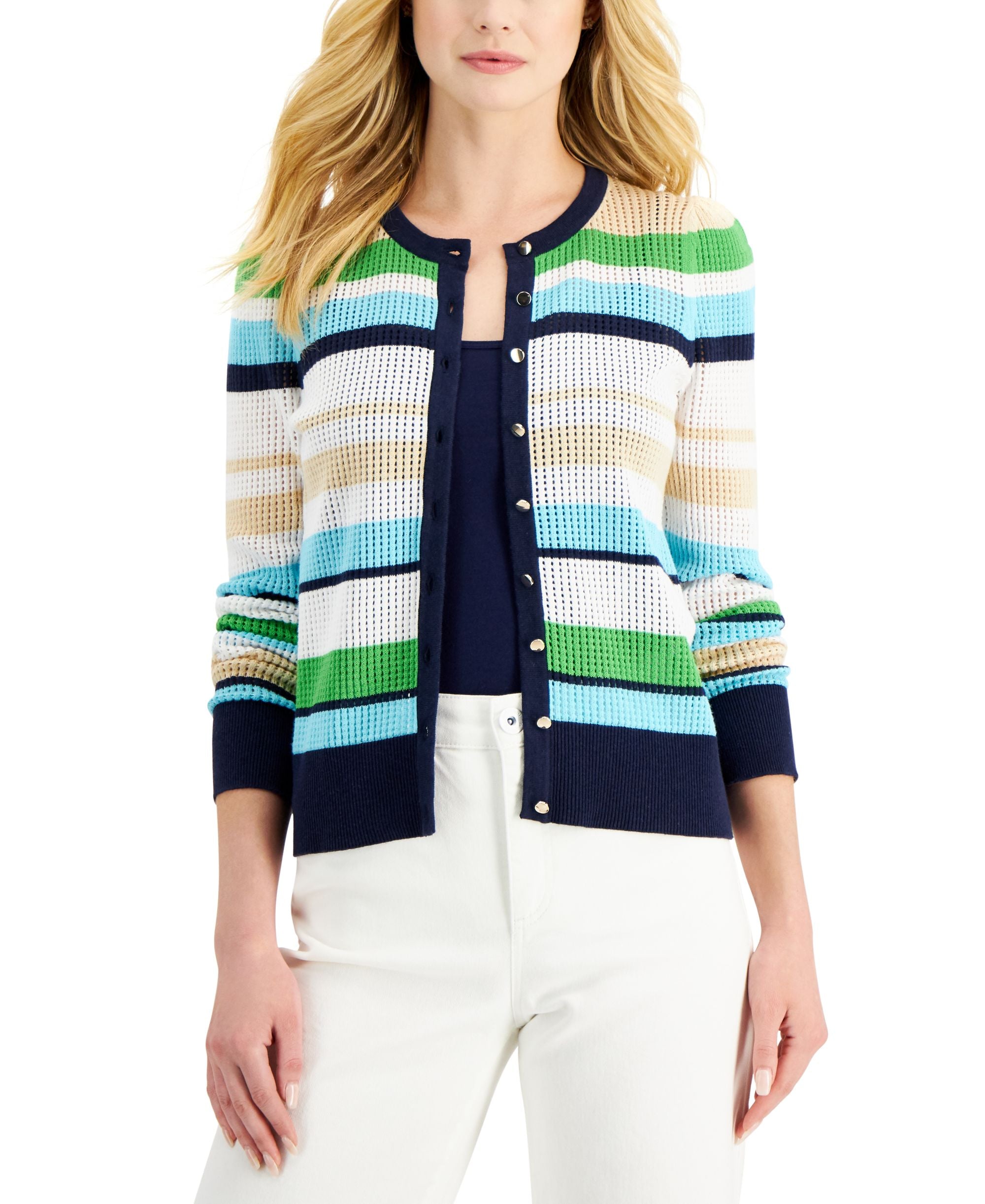 Charter Club Womens Striped Button Cardigan