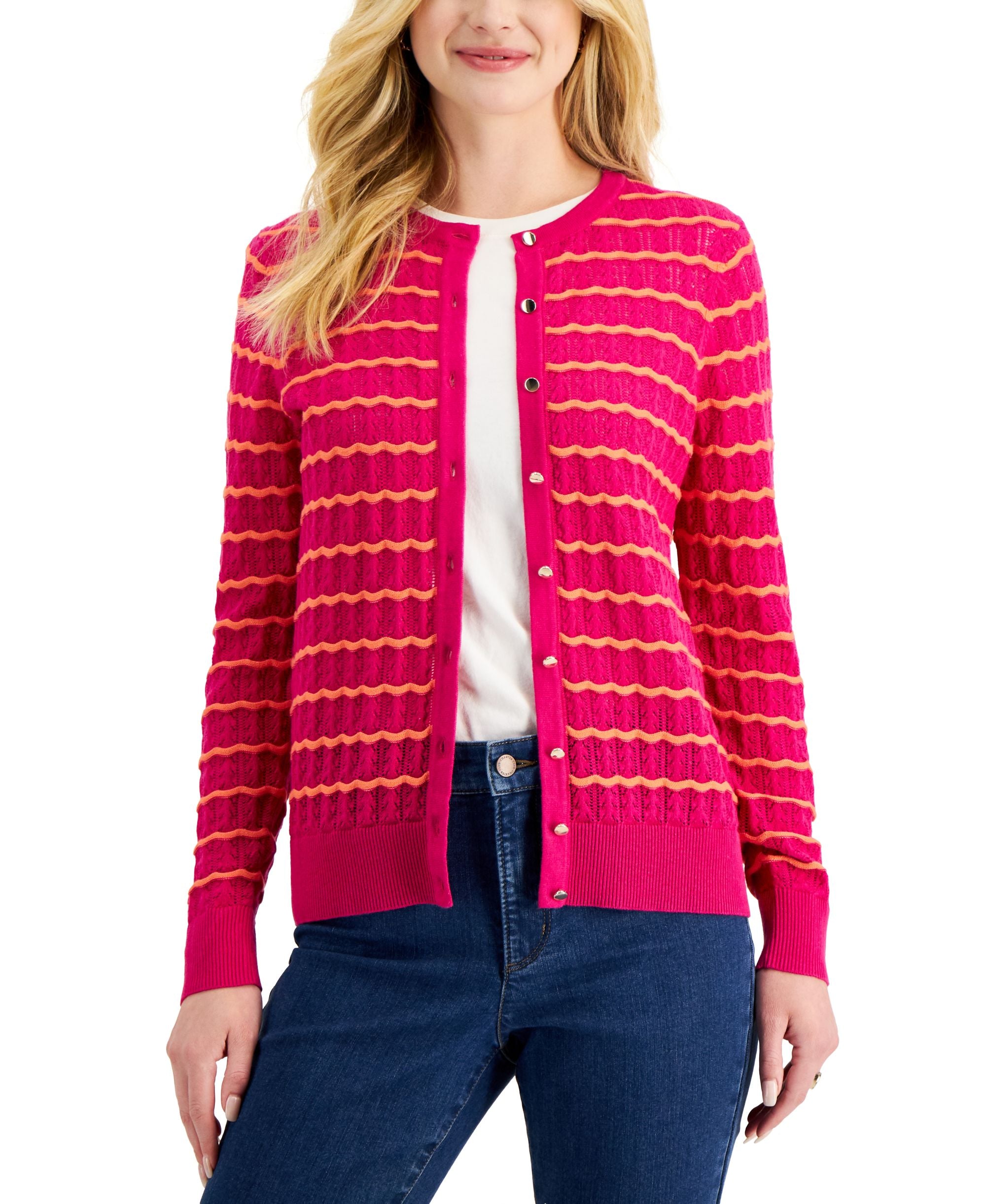 Charter Club Womens Wavy Stripe Button Cardigan