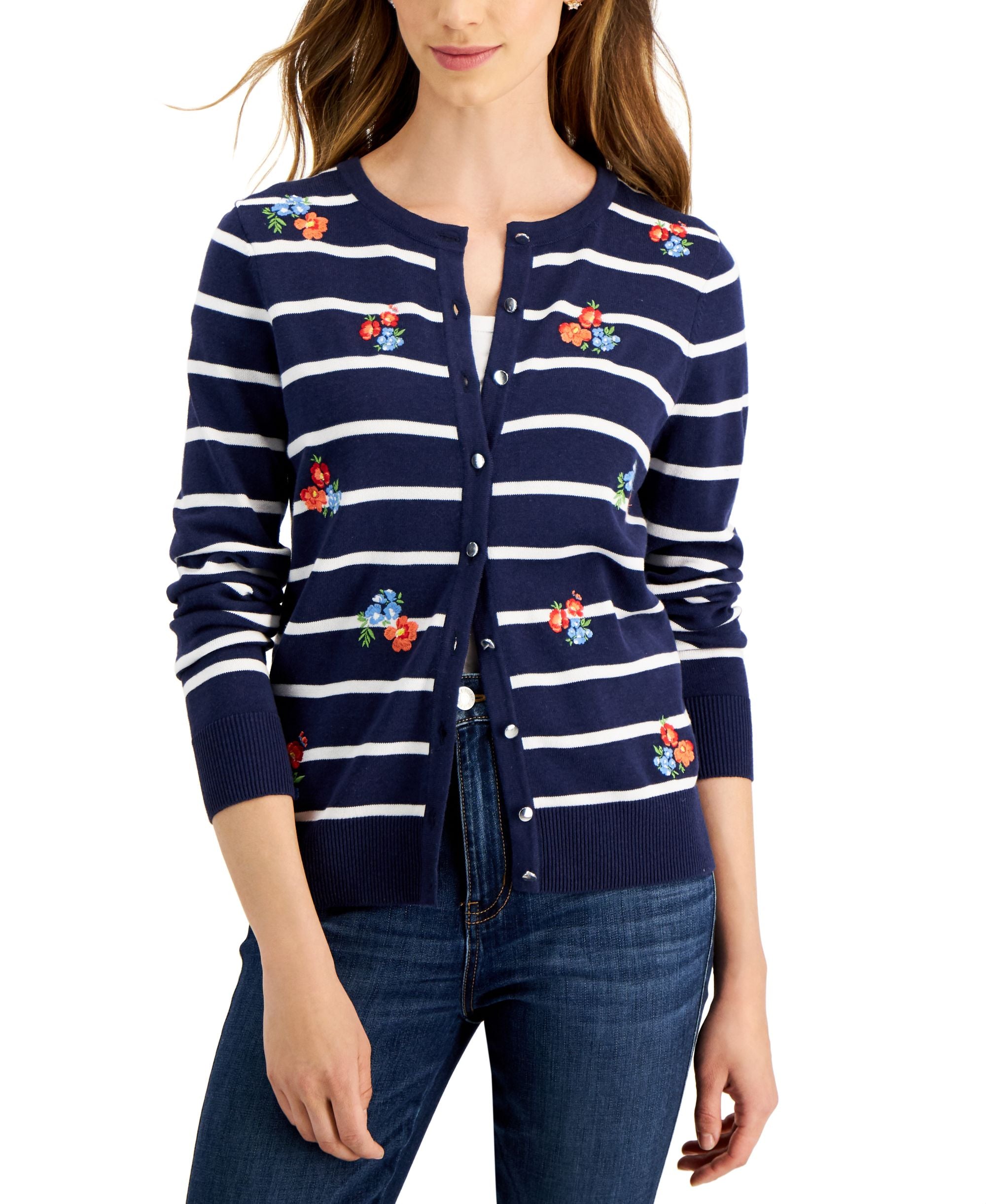 Charter Club Womens Embroidered Button Cardigan