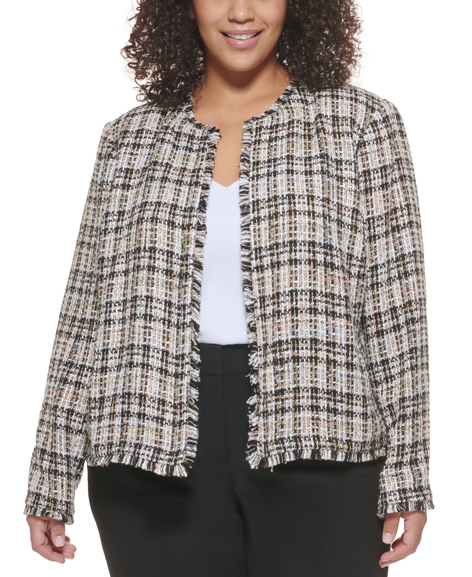 Calvin Klein Womens Open Front Pocketed Collarless Padded Fringed-trim Wear To Work Plus Size Fringe Trim Tweed Jacket