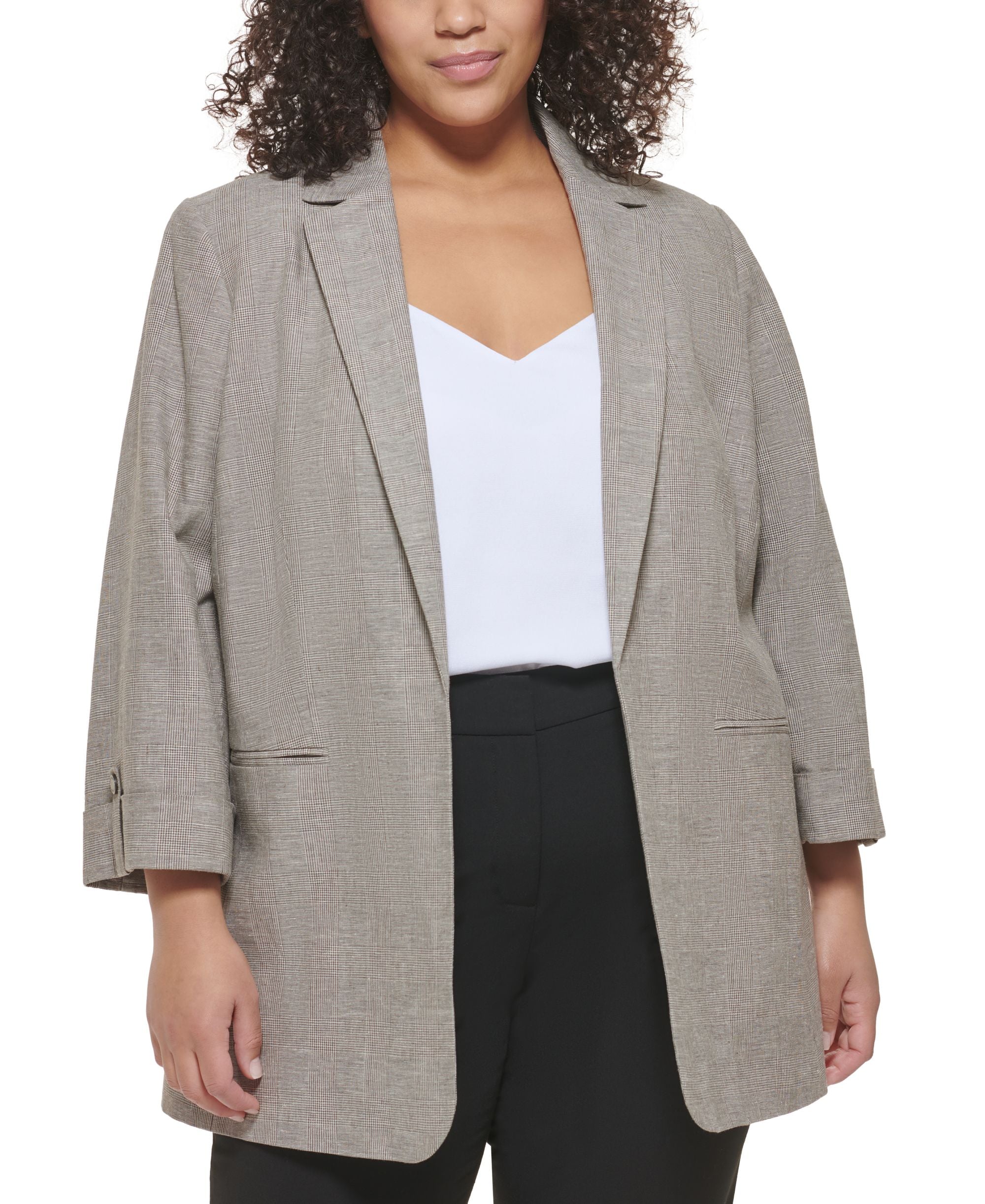 Calvin Klein Plus Size Linen Glen Plaid Blazer