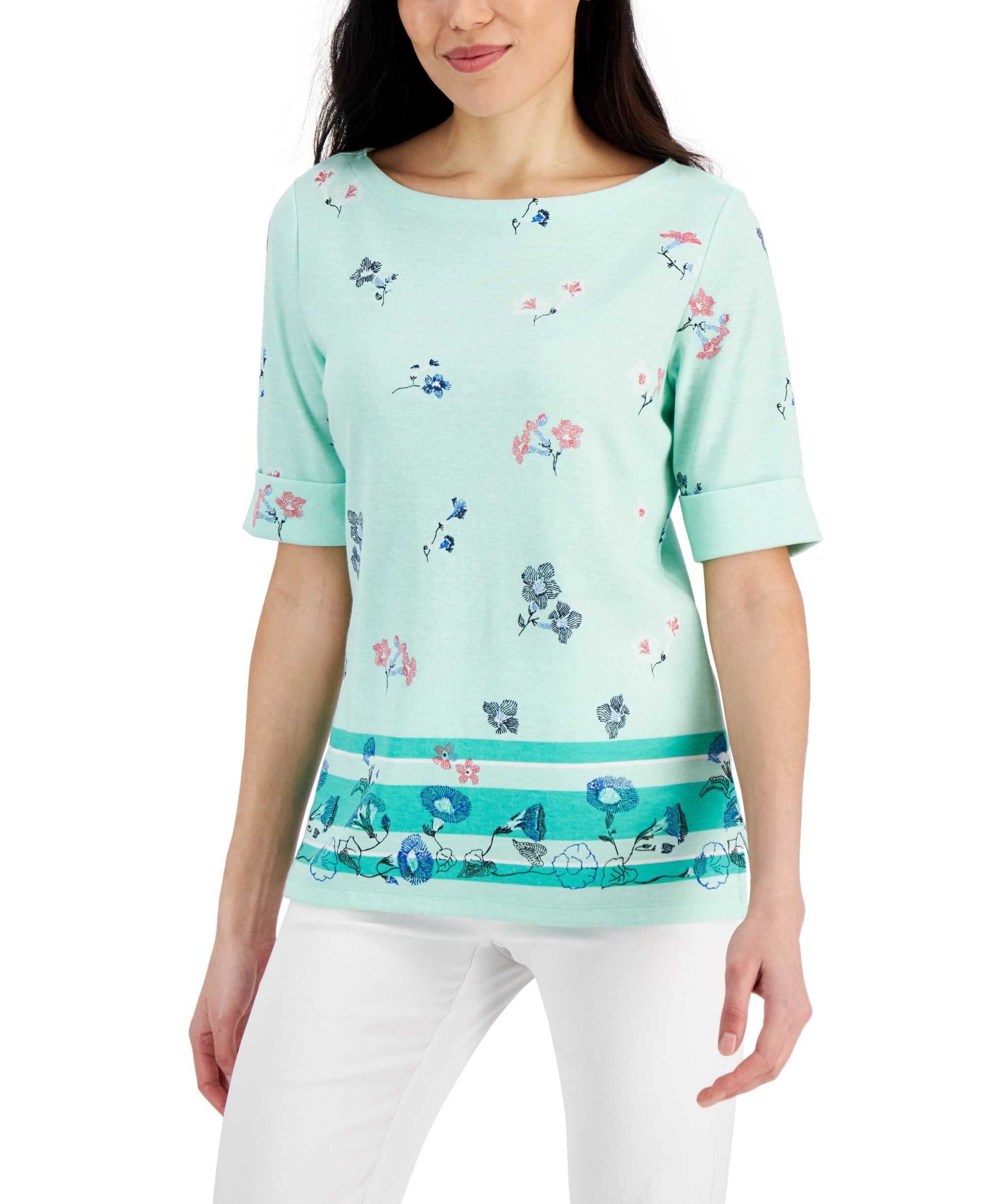 Elbow-Sleeve Floral-Print Top