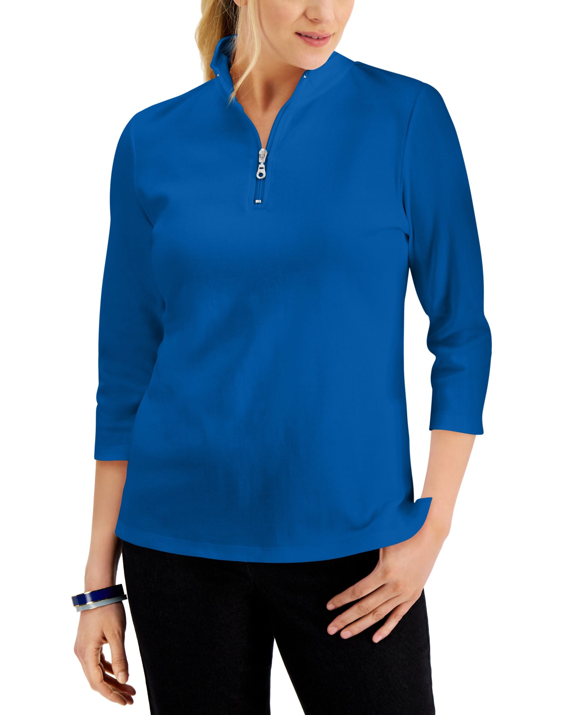 Karen Scott Cotton Zip Neck Top