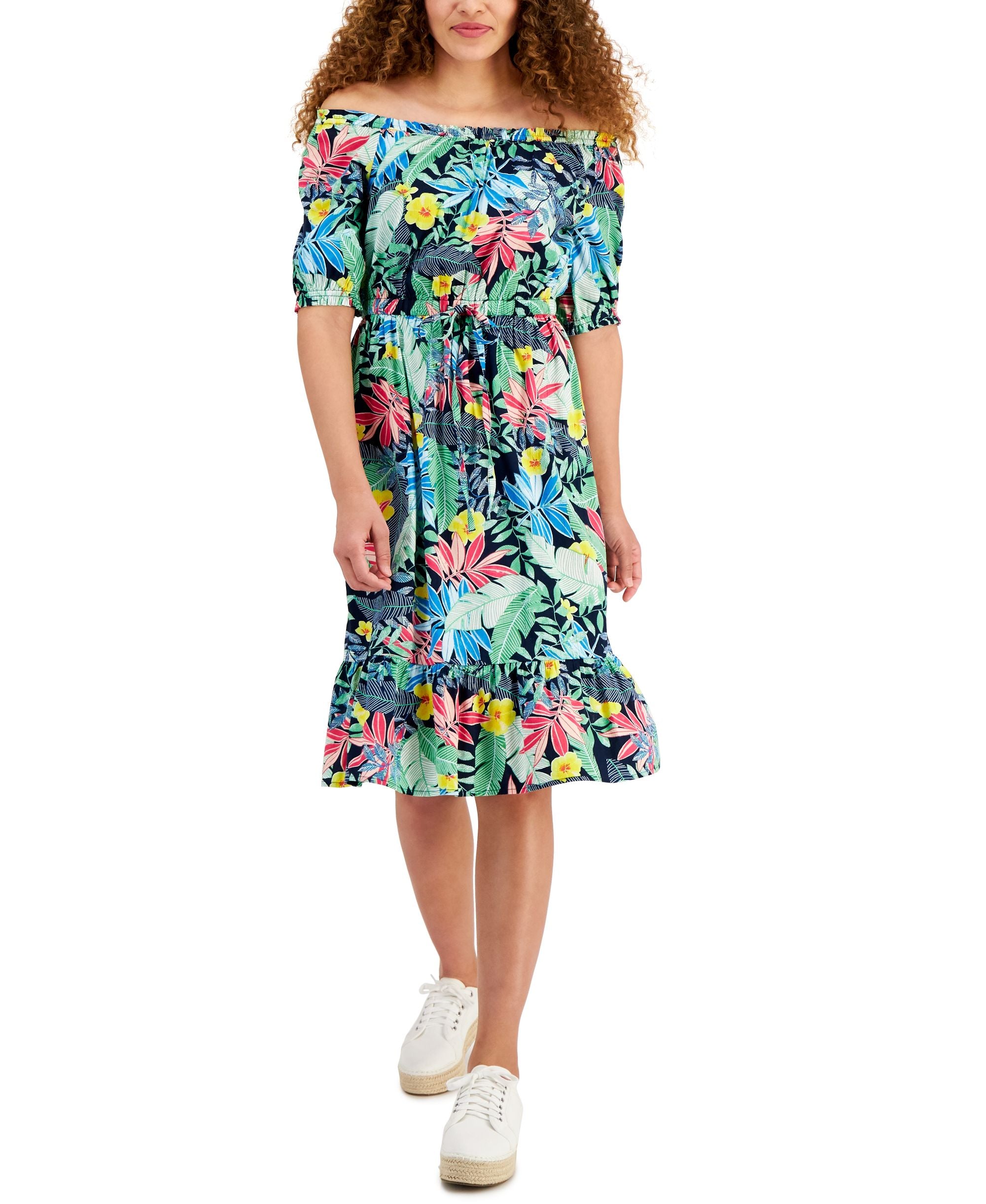 Style & Co Womens Printed Tie Waist Dress