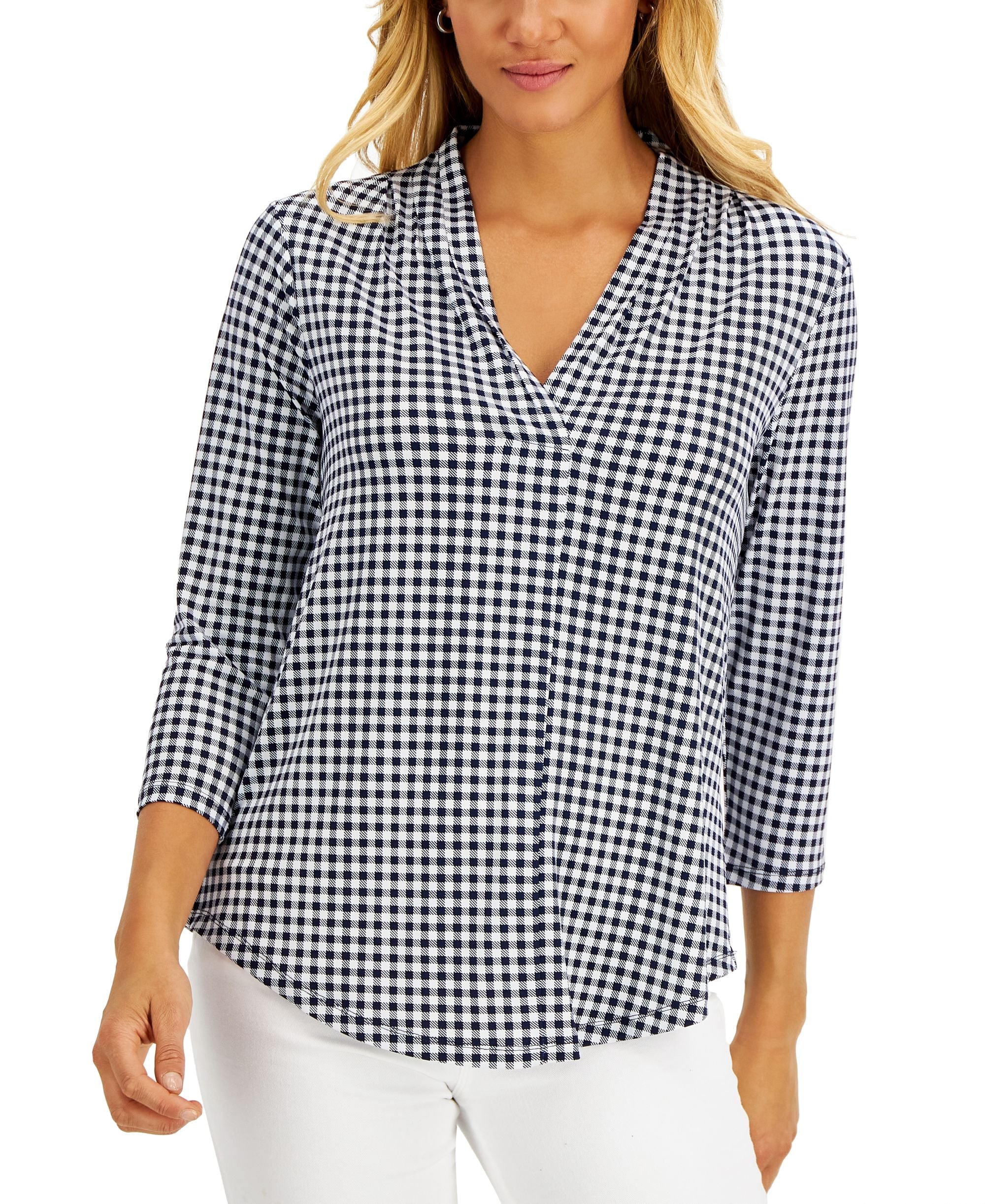 Charter Club Womens Gingham 3/4 Sleeve Top