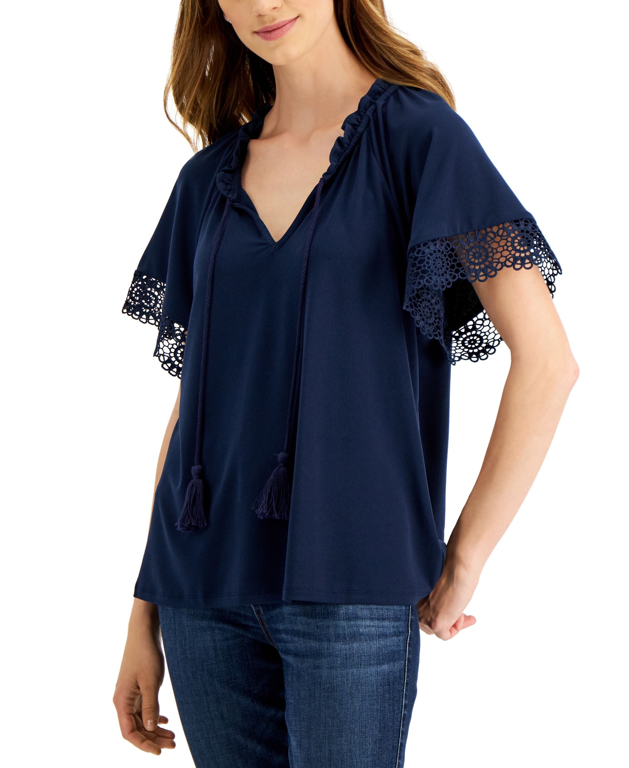 Charter Club Womens Tie Neck Eyelet Trim Top
