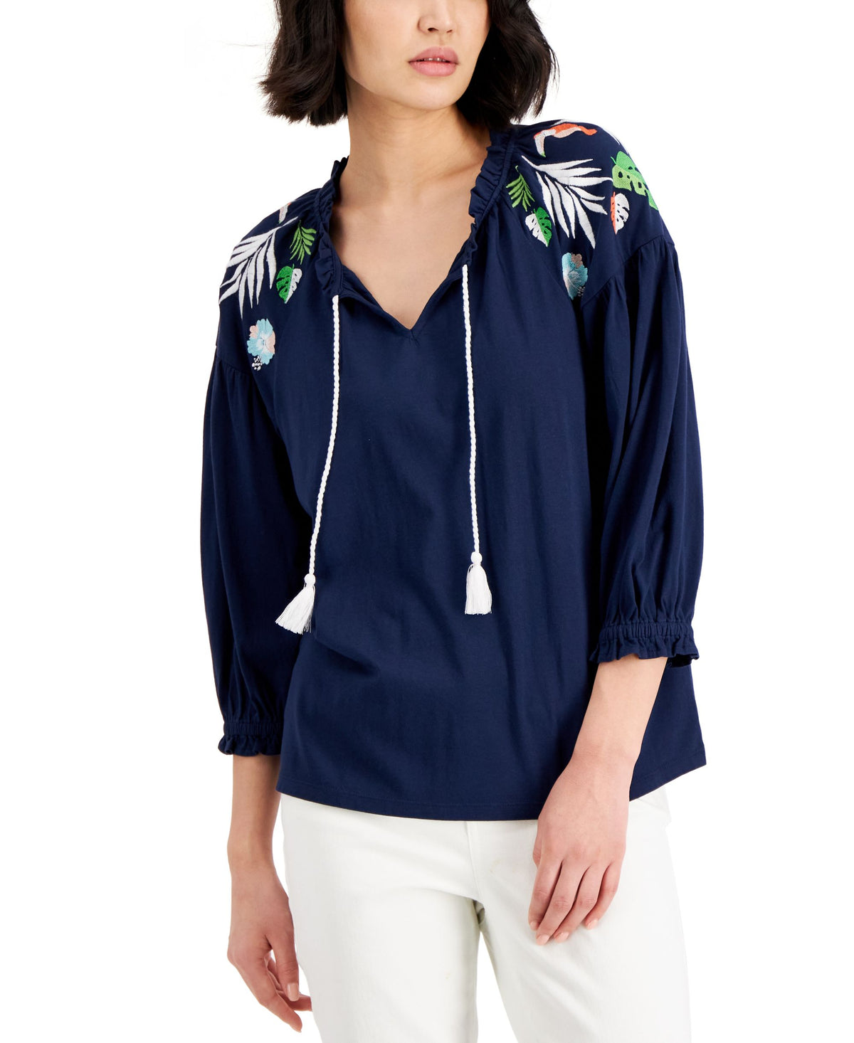 Charter Club Petite Embroidered Peasant Top