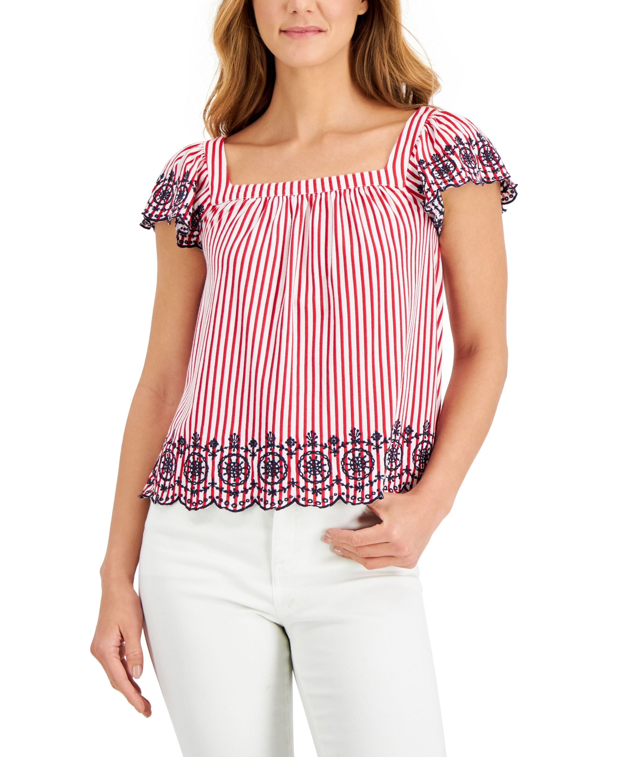 Charter Club Petite Striped Eyelet-Trim Top