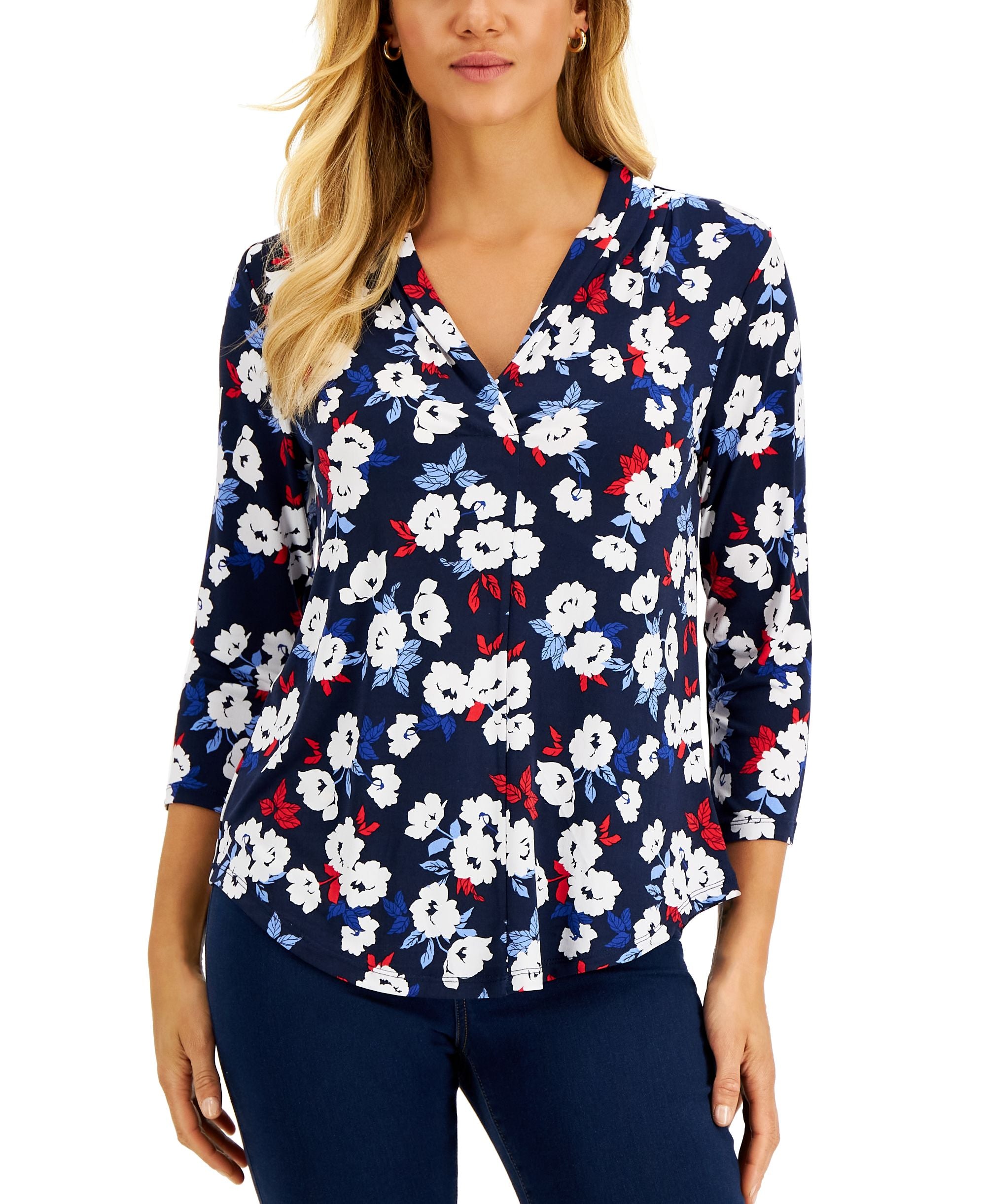 Charter Club Womens 3/4 Sleeve Floral Print Top