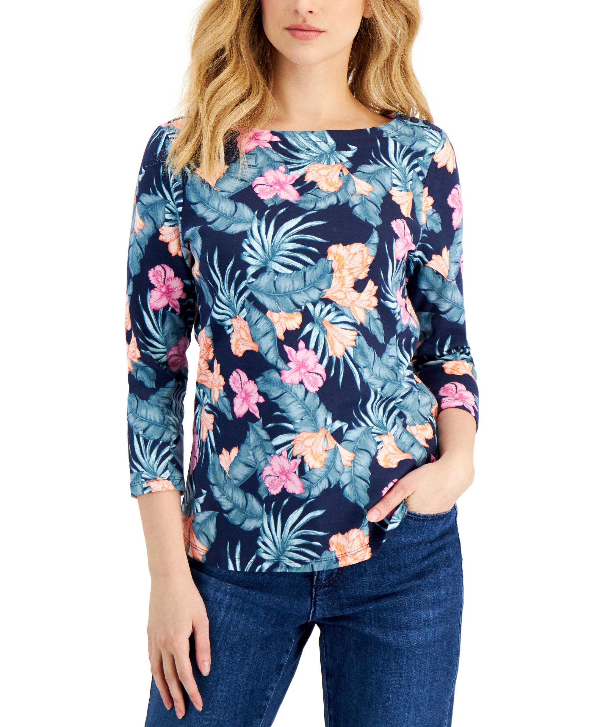 Charter Club Womens 3/4 Sleeve Tropical Print Top