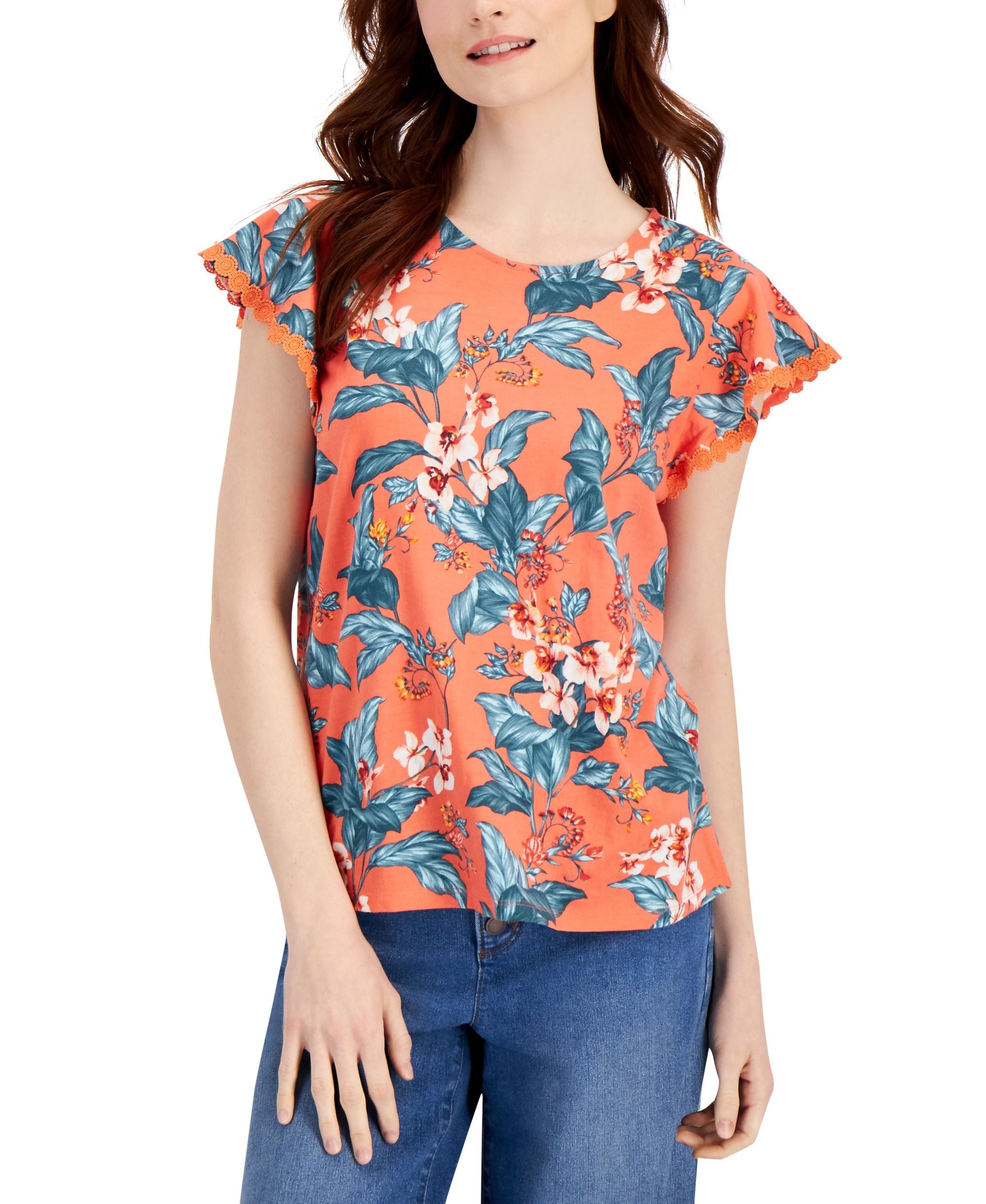 Charter Club Petite Tropical Print Flutter Sleeve Top