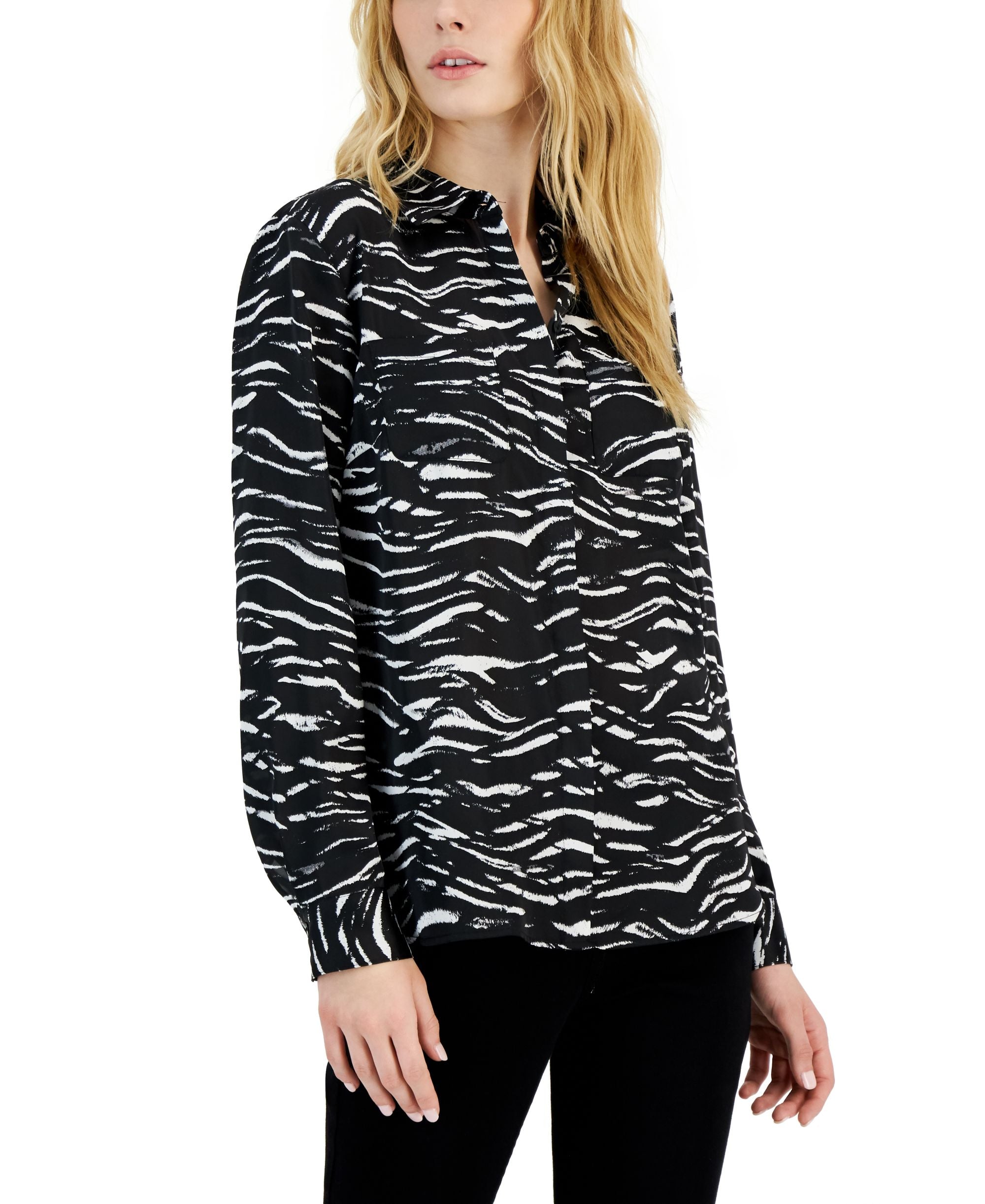 Women's Printed Button-Front Pocket Detail Top