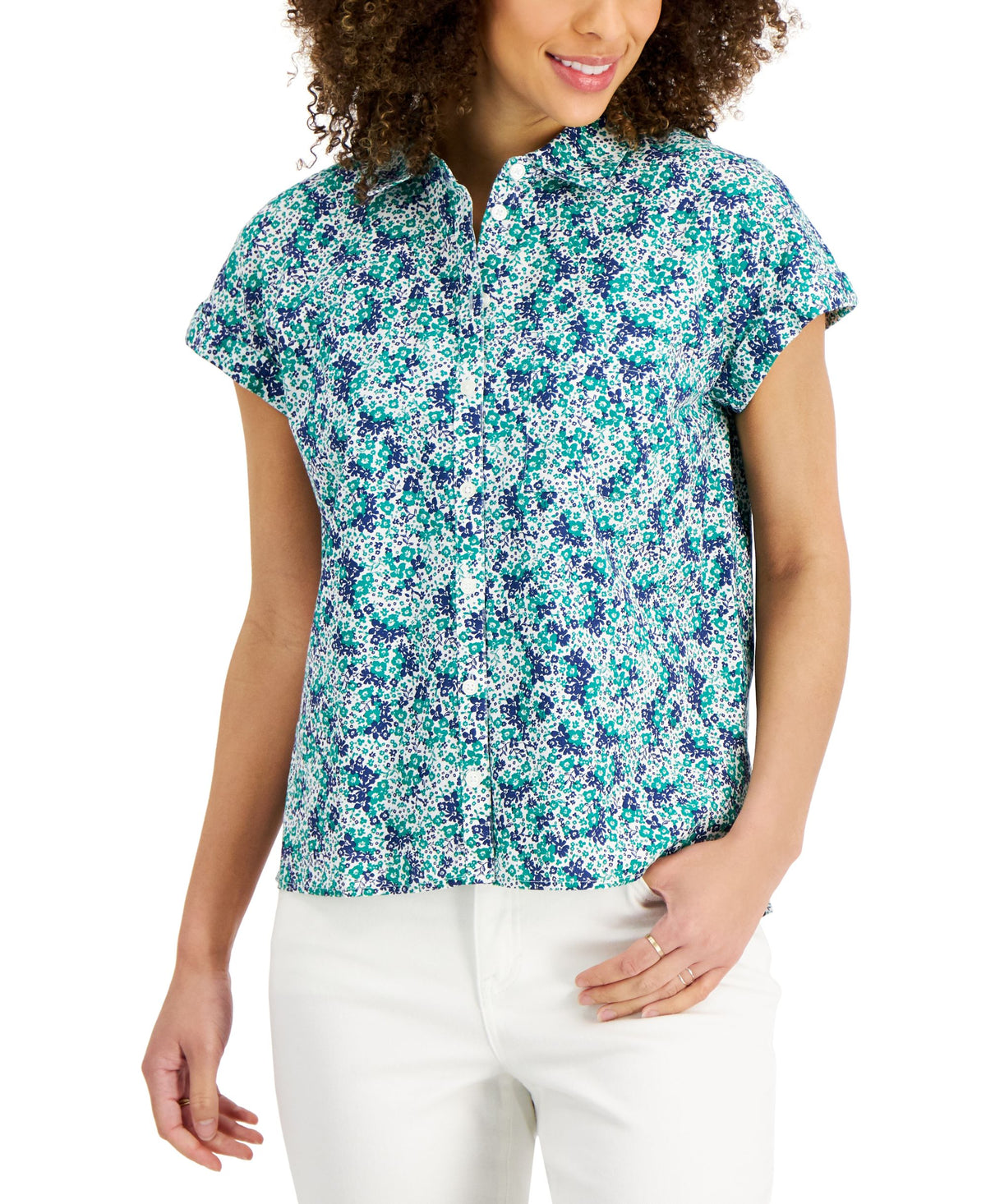 Style & Co Womens Spring Escape Printed Cotton Button Front Top