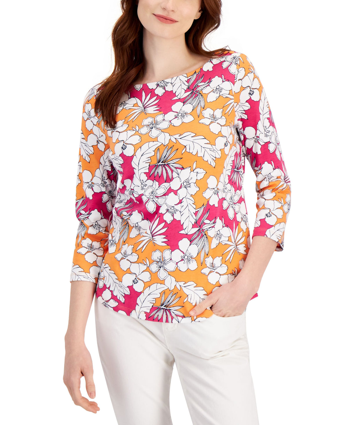 Charter Club Womens 3/4 Sleeve Tropical Print Top