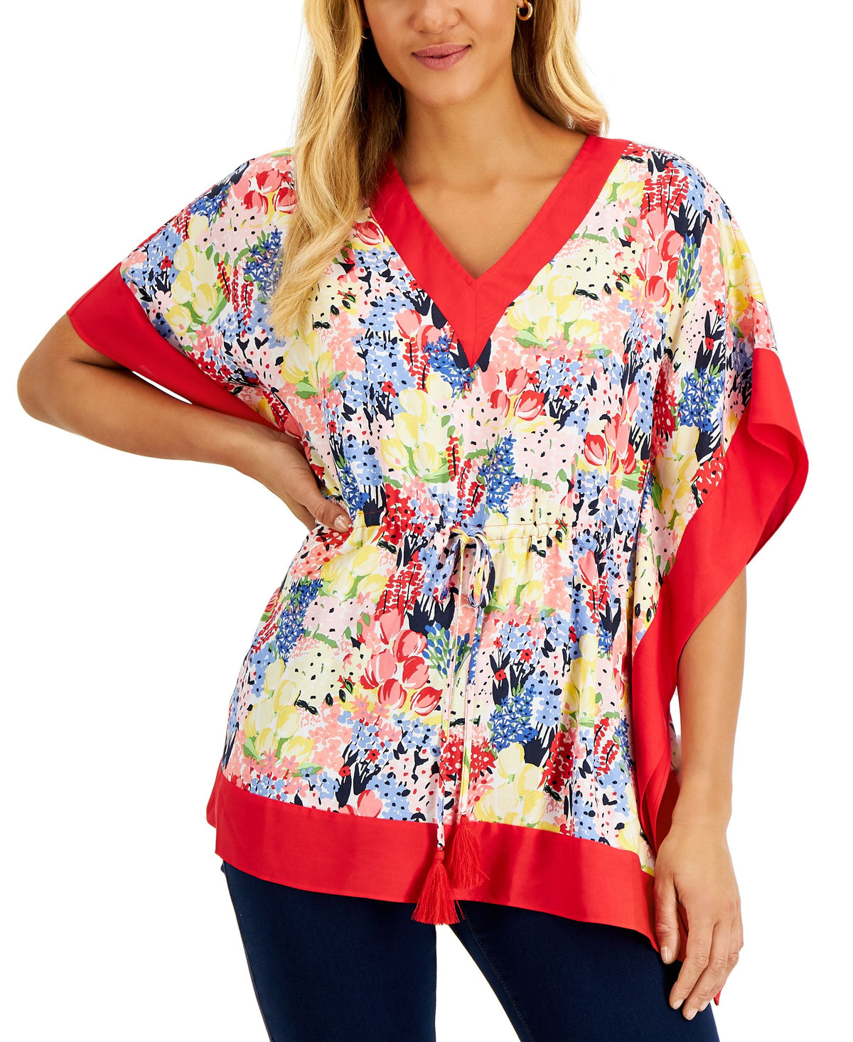 Charter Club Womens Cinch Waist Printed Poncho Top