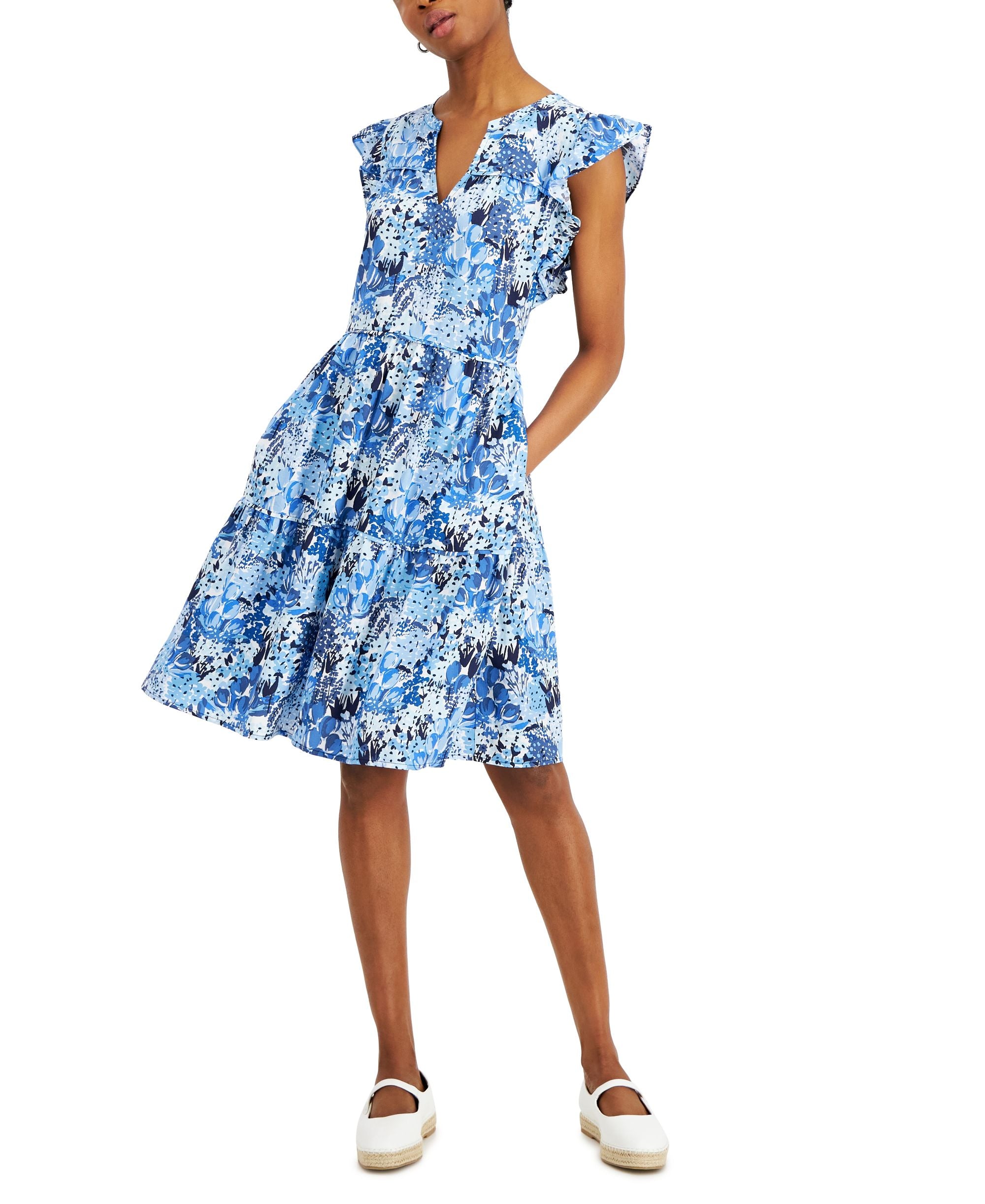 Charter Club Womens Flutter Sleeve Floral Print Dress