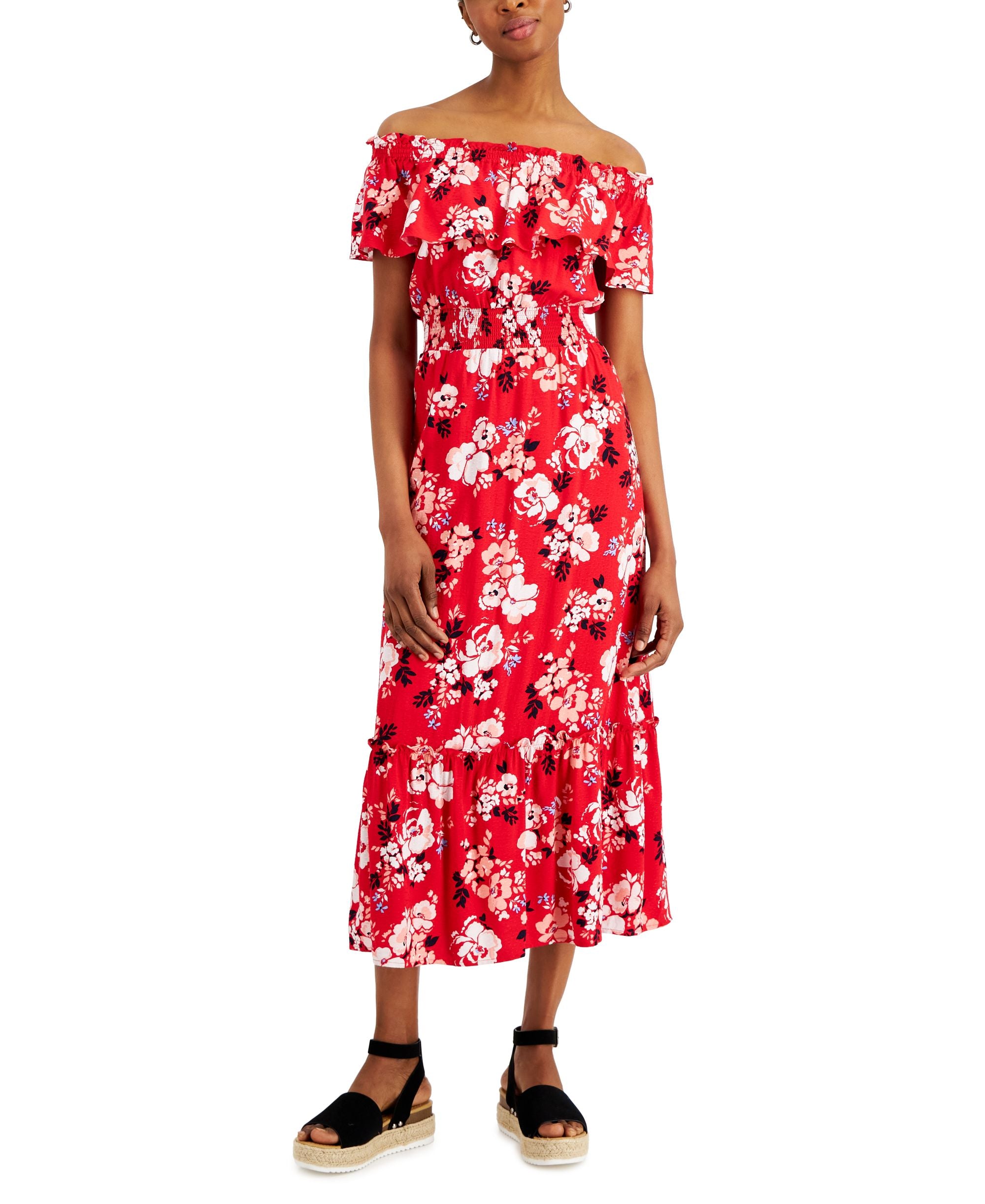 Charter Club Womens Off The Shoulder Floral Print Midi Dress