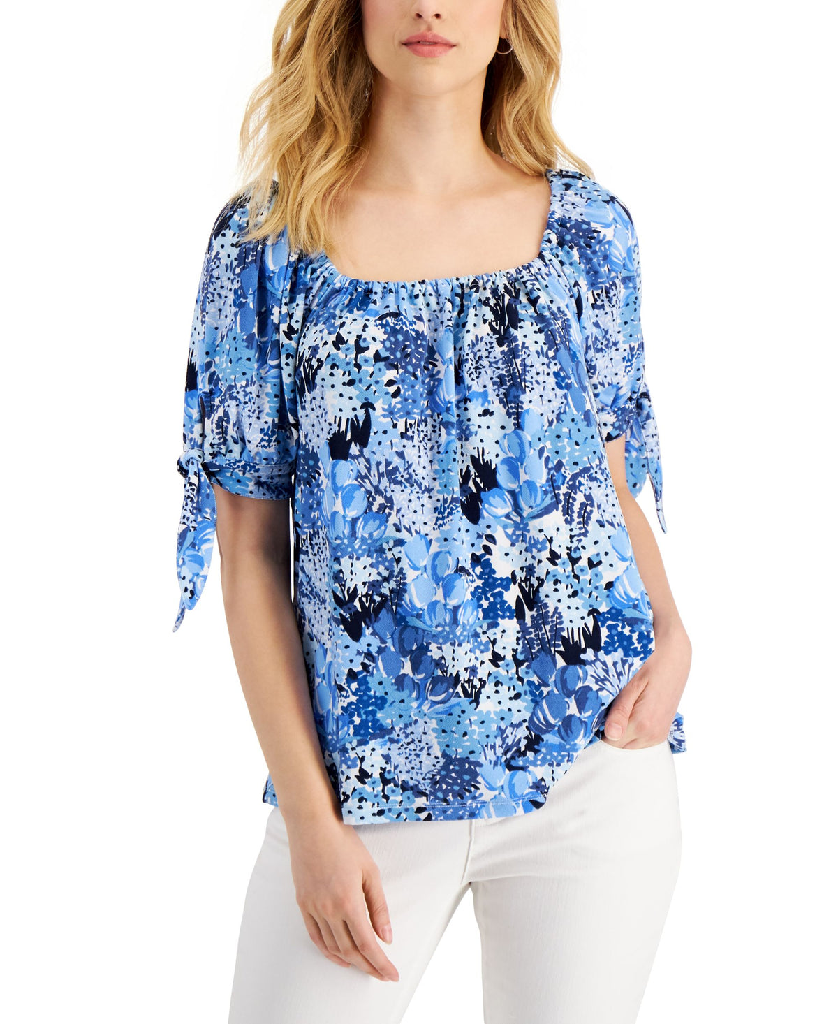 Charter Club Petite Blooming Meadow Tie-Sleeve Top