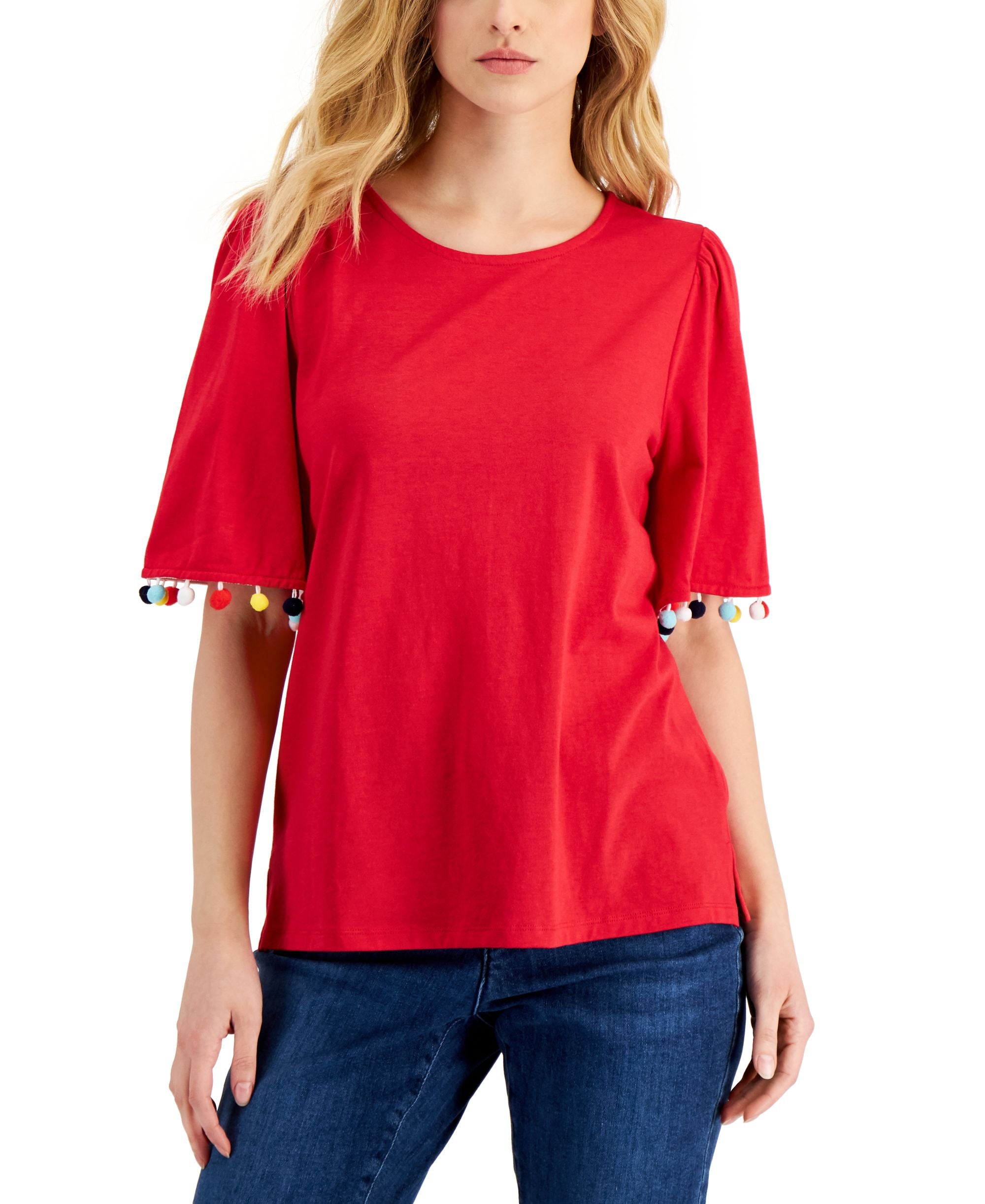 Charter Club Womens Pom-Pom Sleeve Top