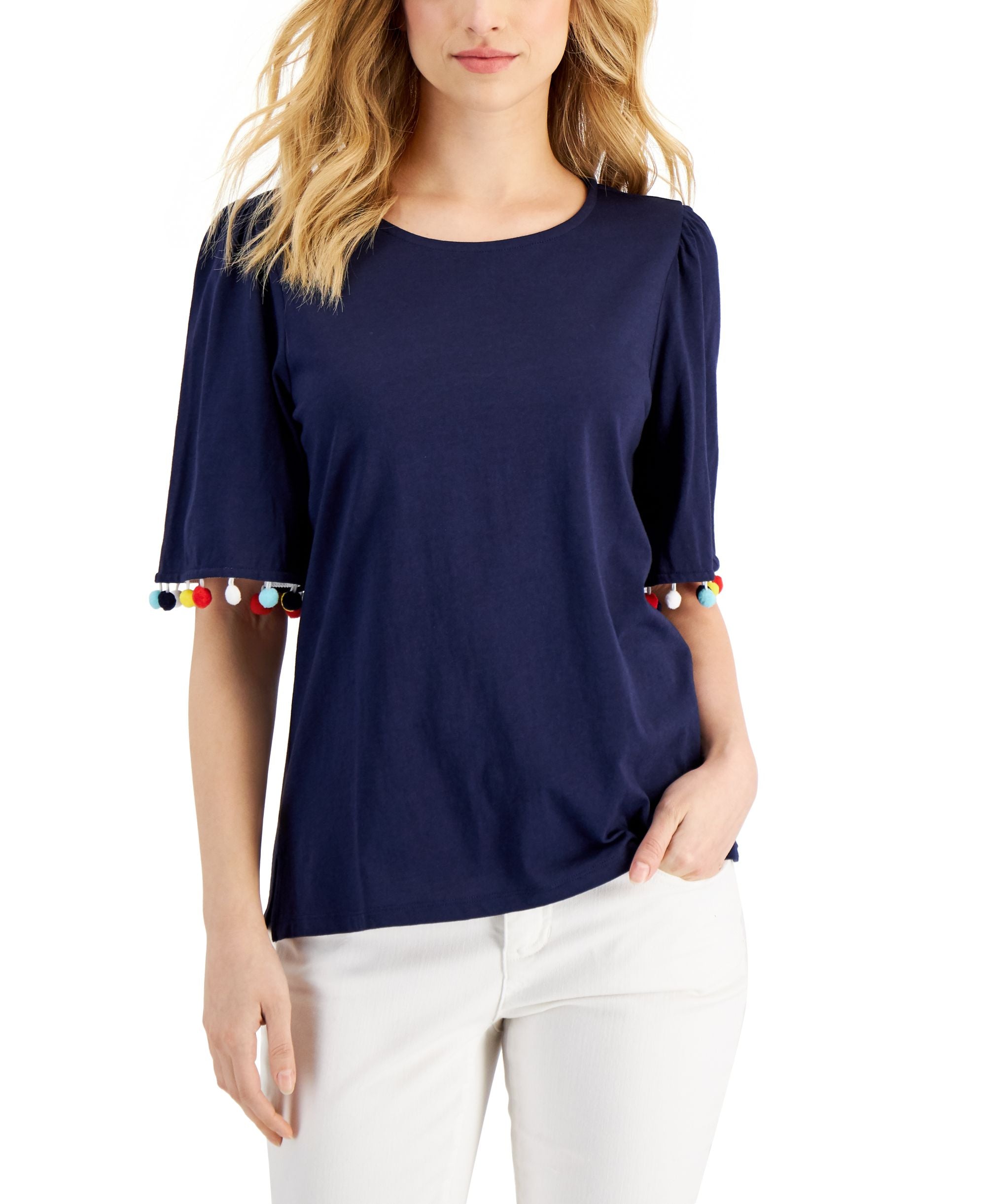 Charter Club Womens Pom-Pom Sleeve Top