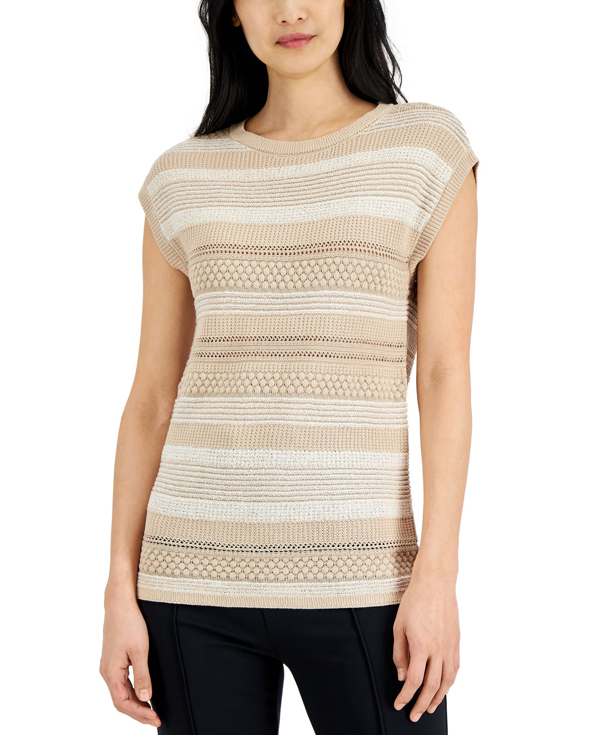 Alfani Womens Mixed Stitch Striped Cap Sleeve Sweater