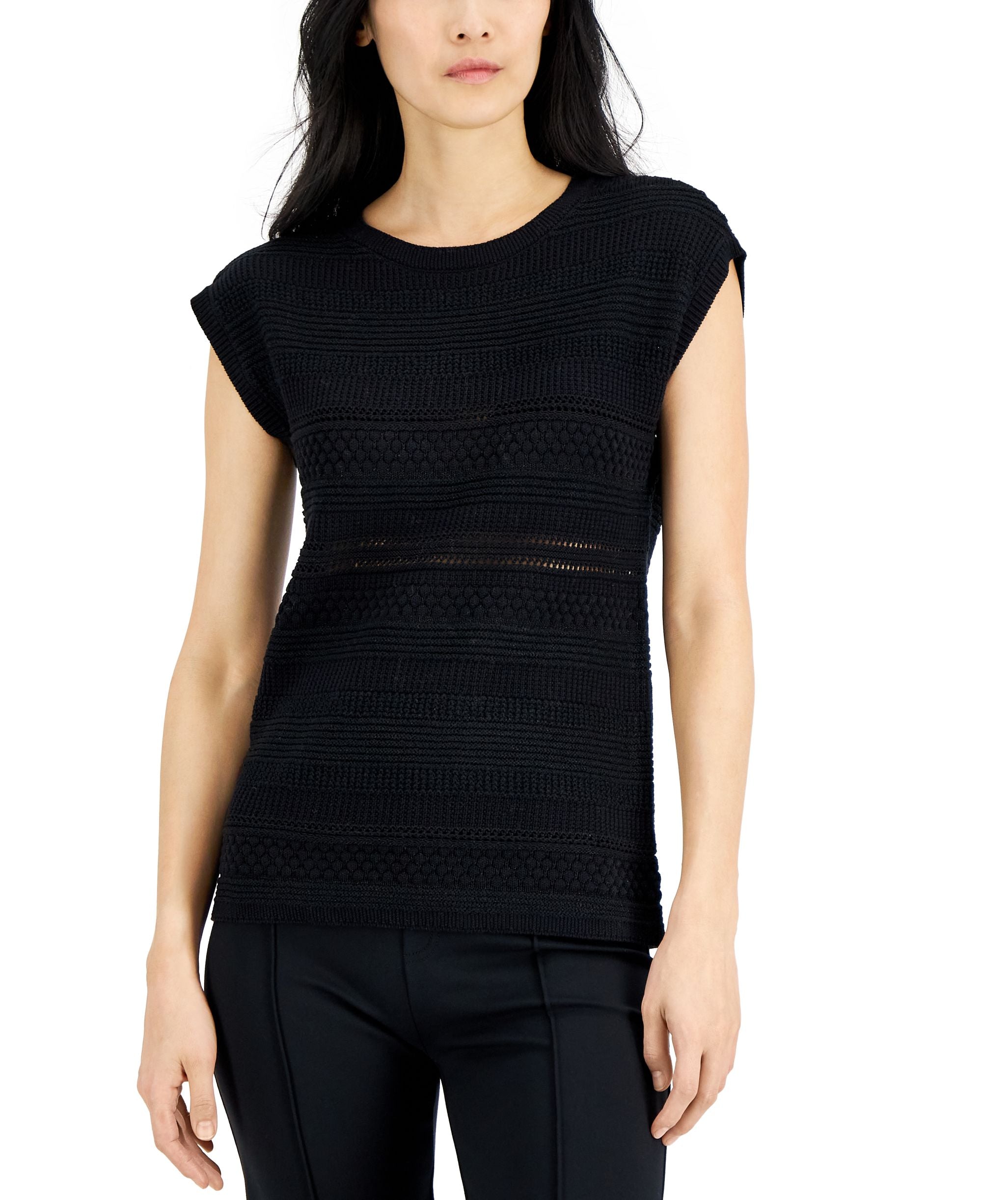 Alfani Womens Mixed Stitch Striped Cap Sleeve Sweater