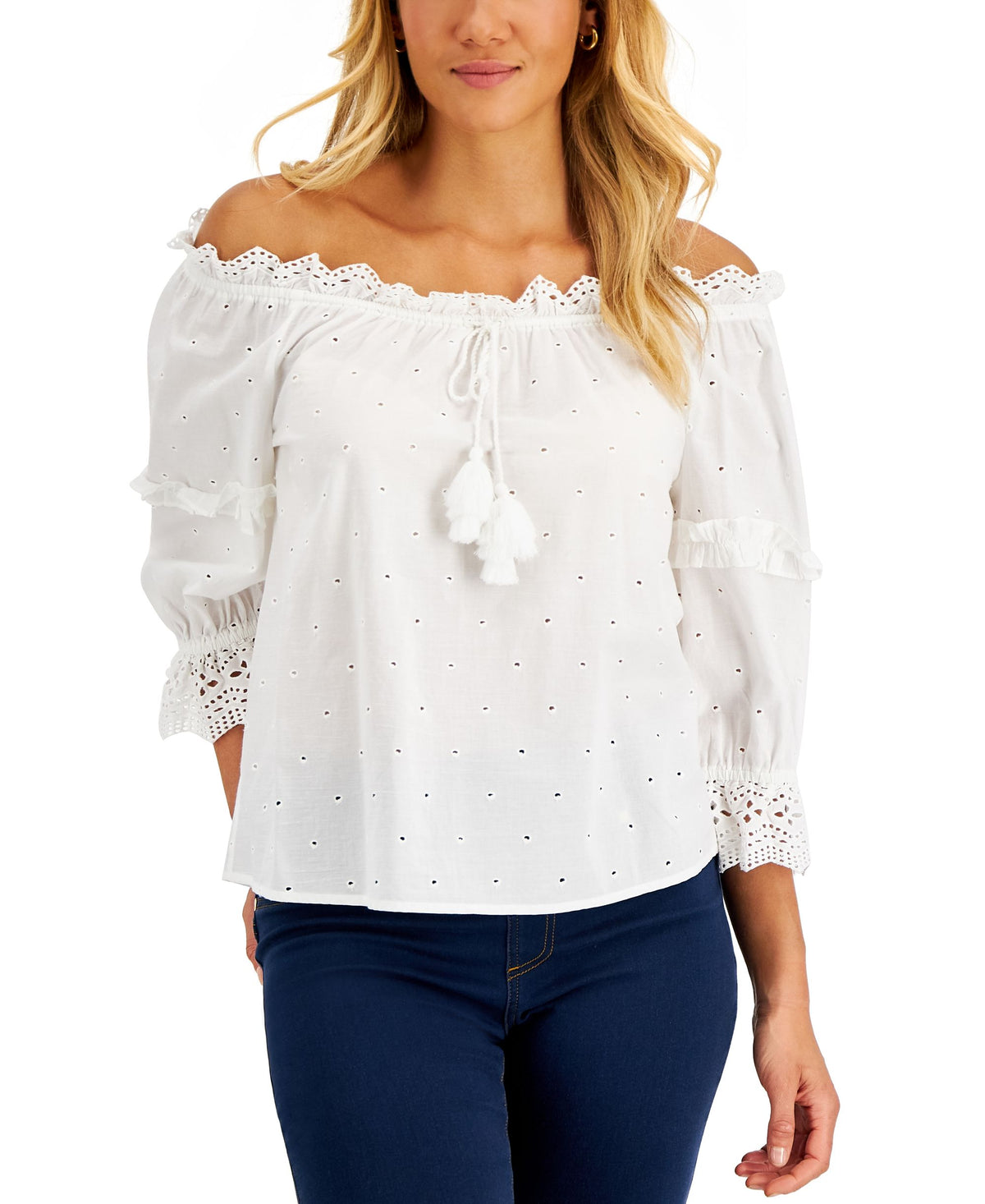 Charter Club Womens Woven Eyelet Off-The-Shoulder Top