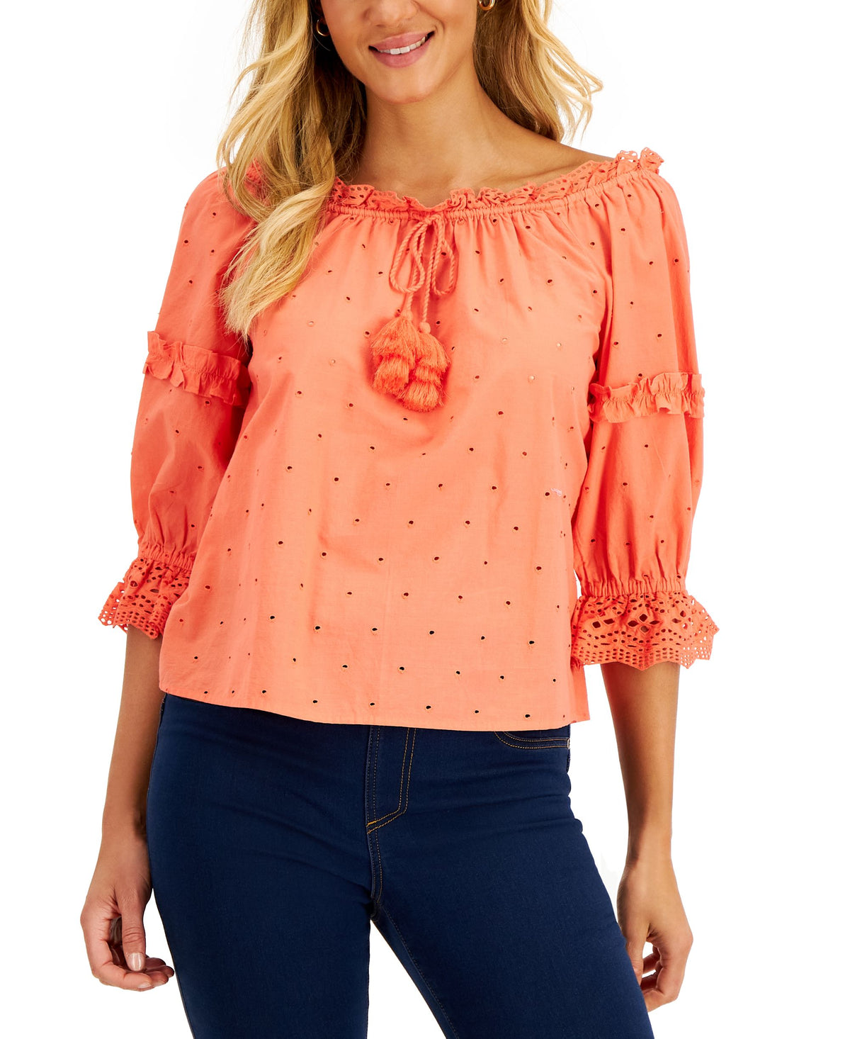 Charter Club Womens Woven Eyelet Off-The-Shoulder Top