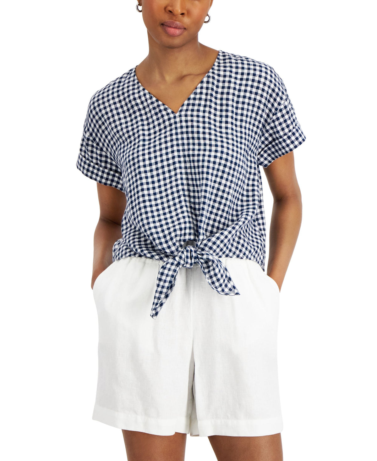 Charter Club Petite Plaid Tie Waist Linen Top