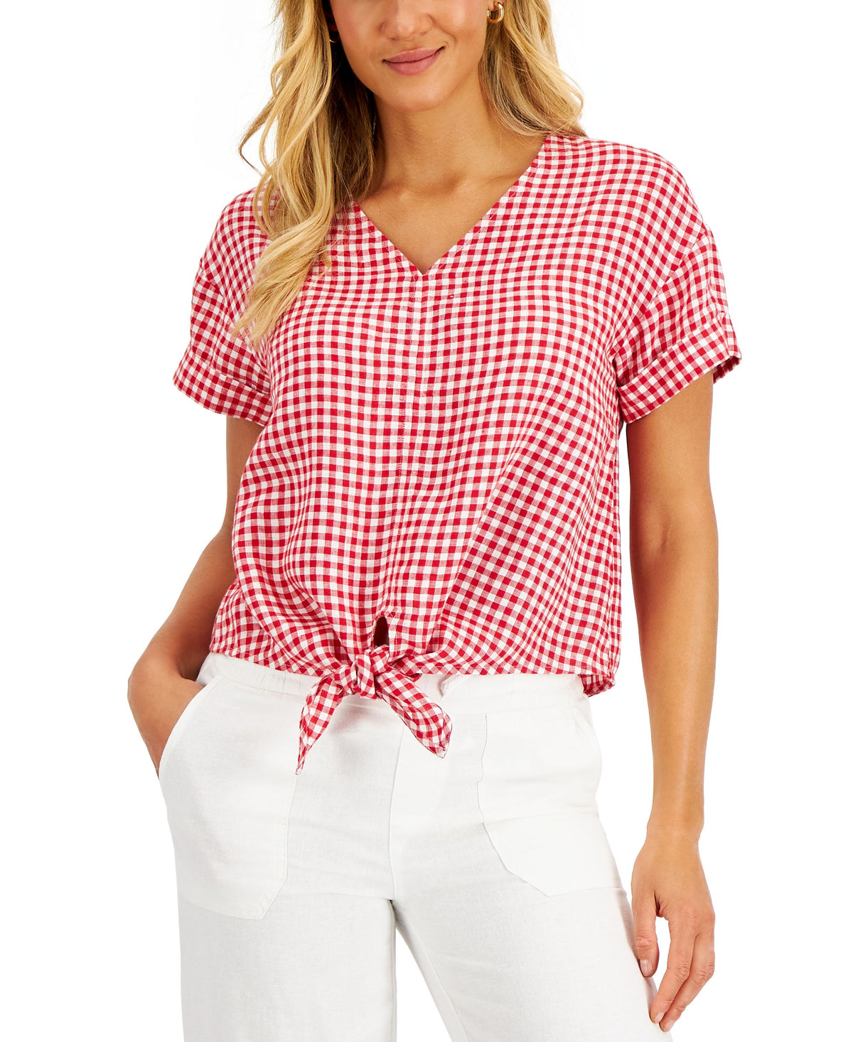 Charter Club Womens Linen Plaid Tie Front Top
