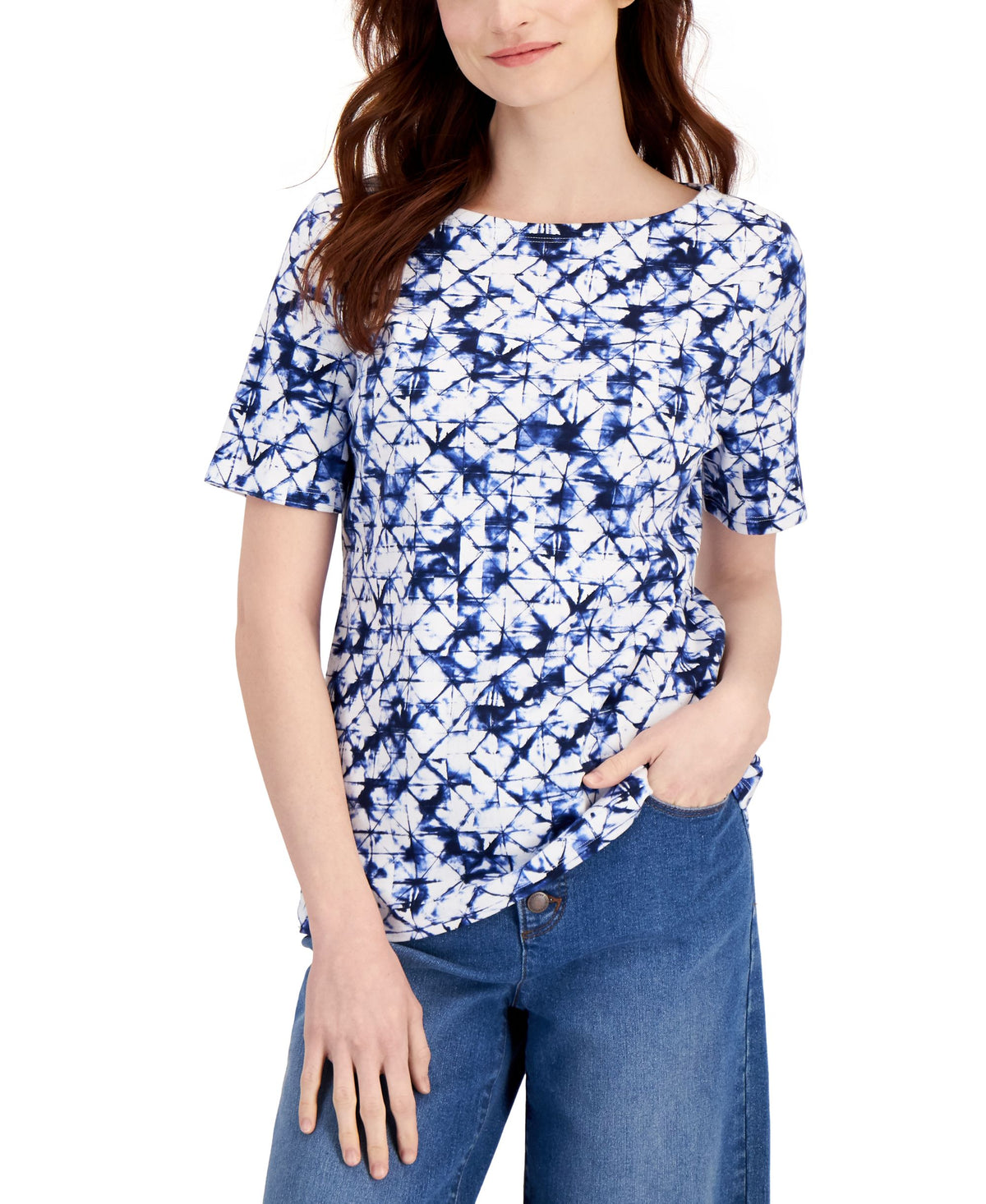Charter Club Petite Cotton Everyday Dye-Print Boat-Neck Top