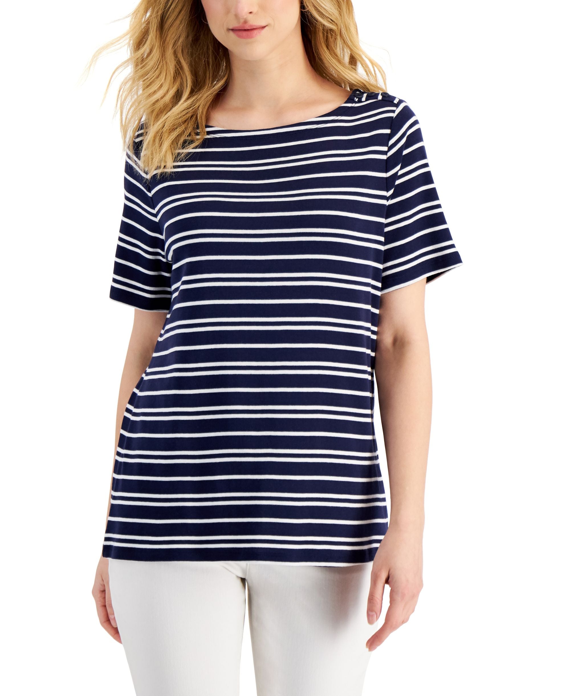 Charter Club Womens Striped Boat Neck Cotton Top