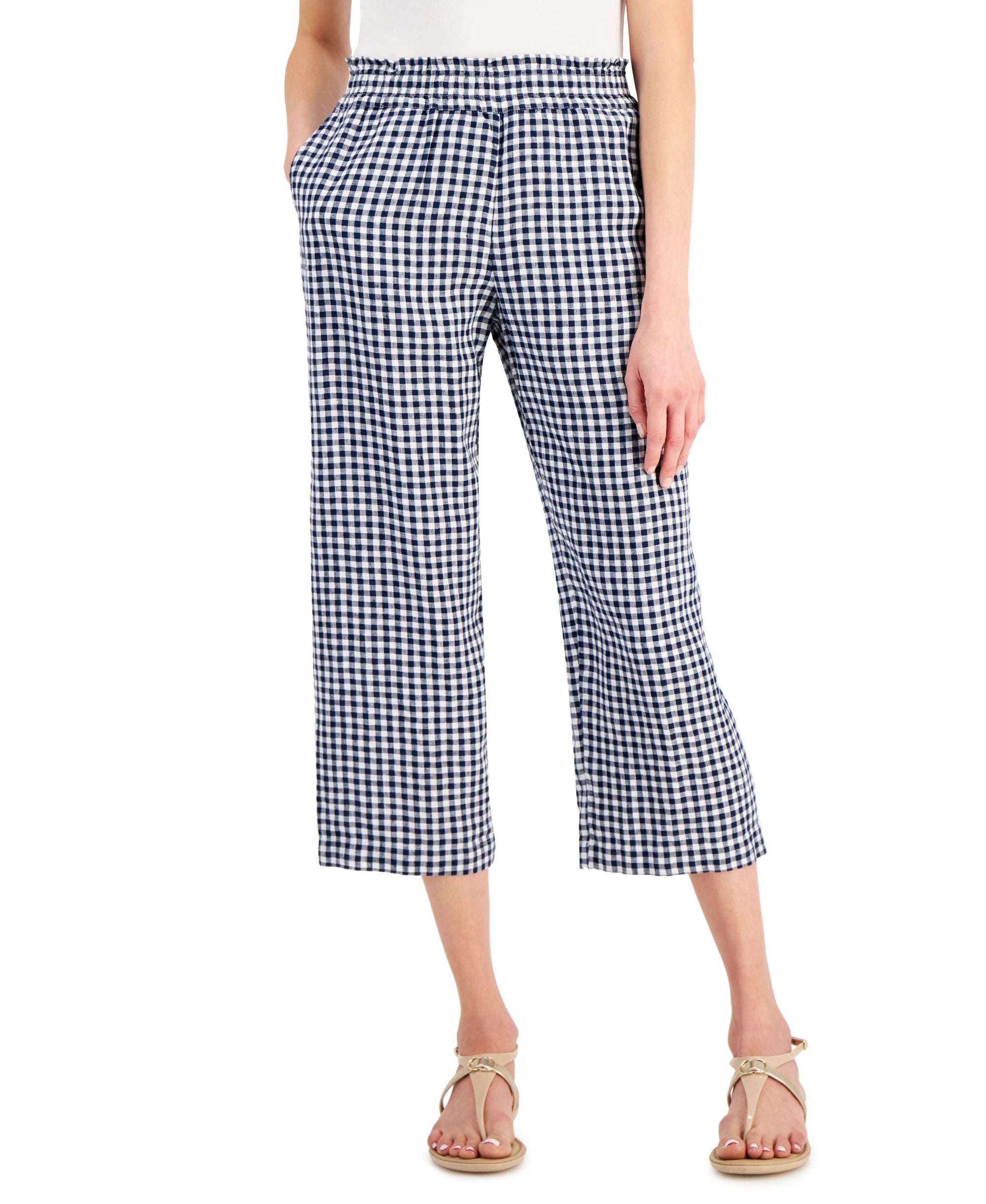 Charter Club Womens Linen Plaid Pull On Pants