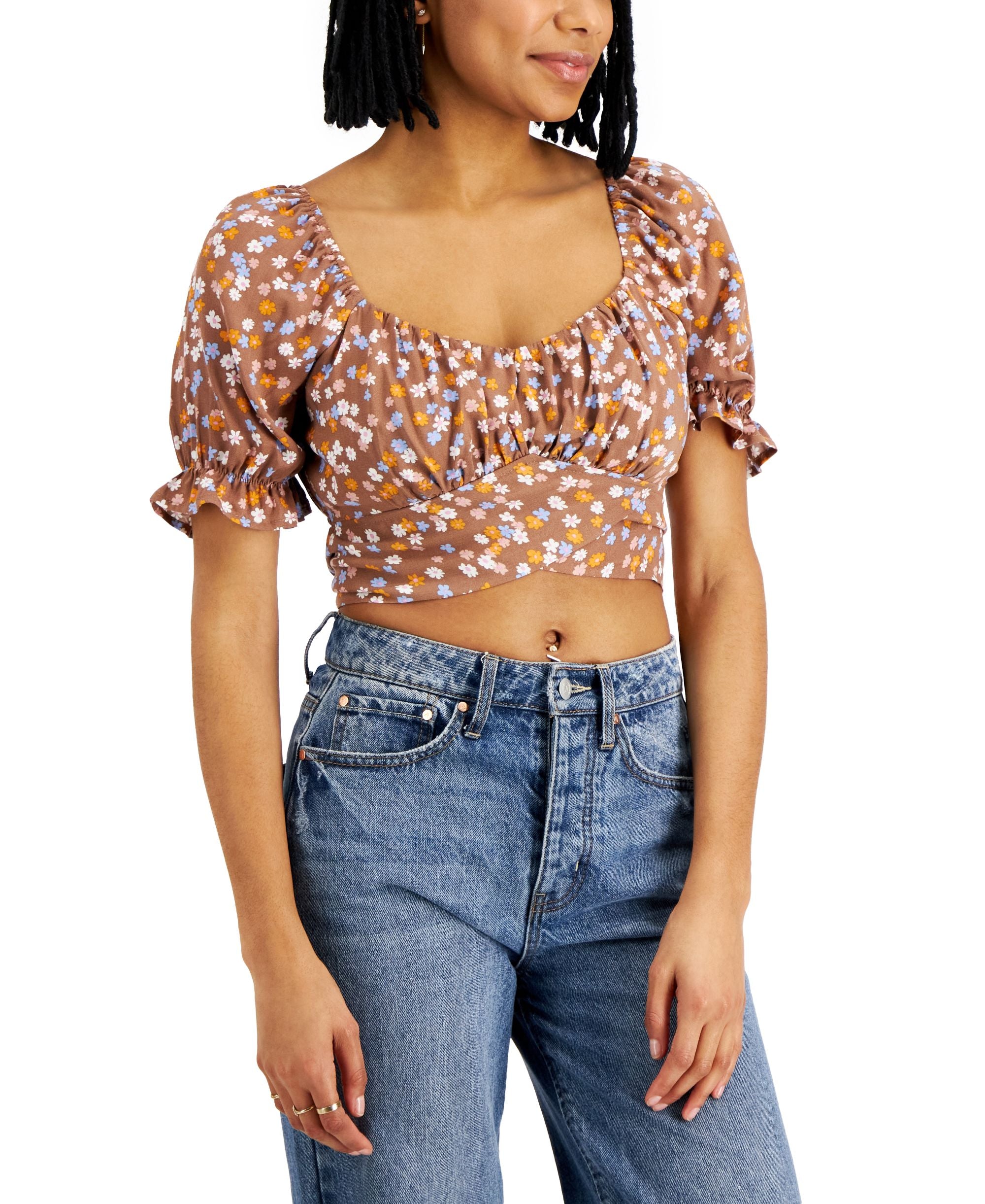 Juniors' Tie-Back Peasant Top