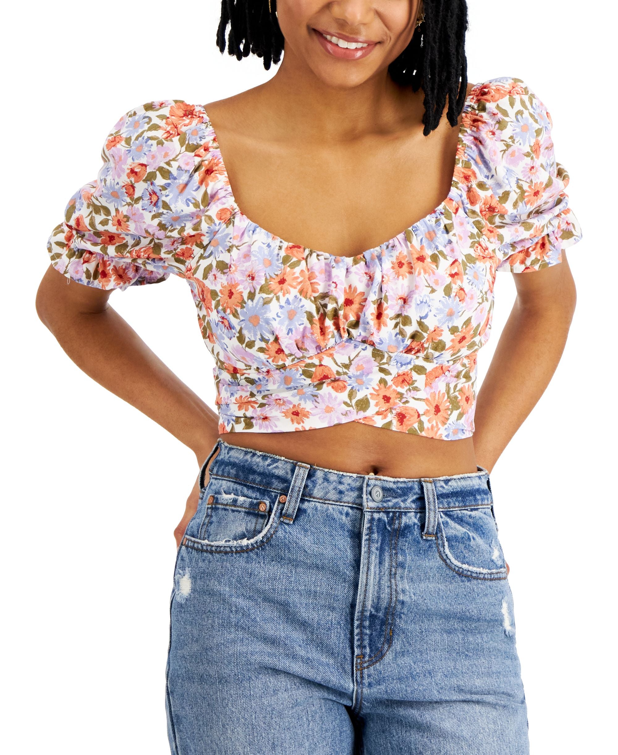 Juniors' Tie-Back Peasant Top