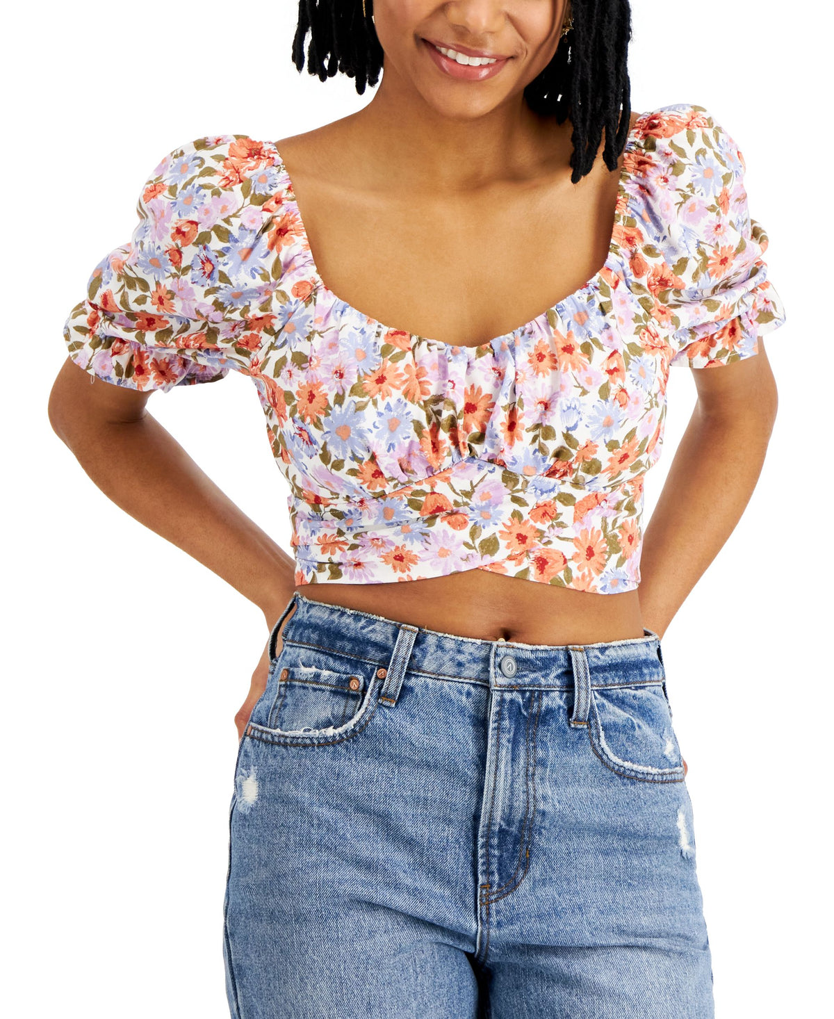Juniors' Tie-Back Peasant Top