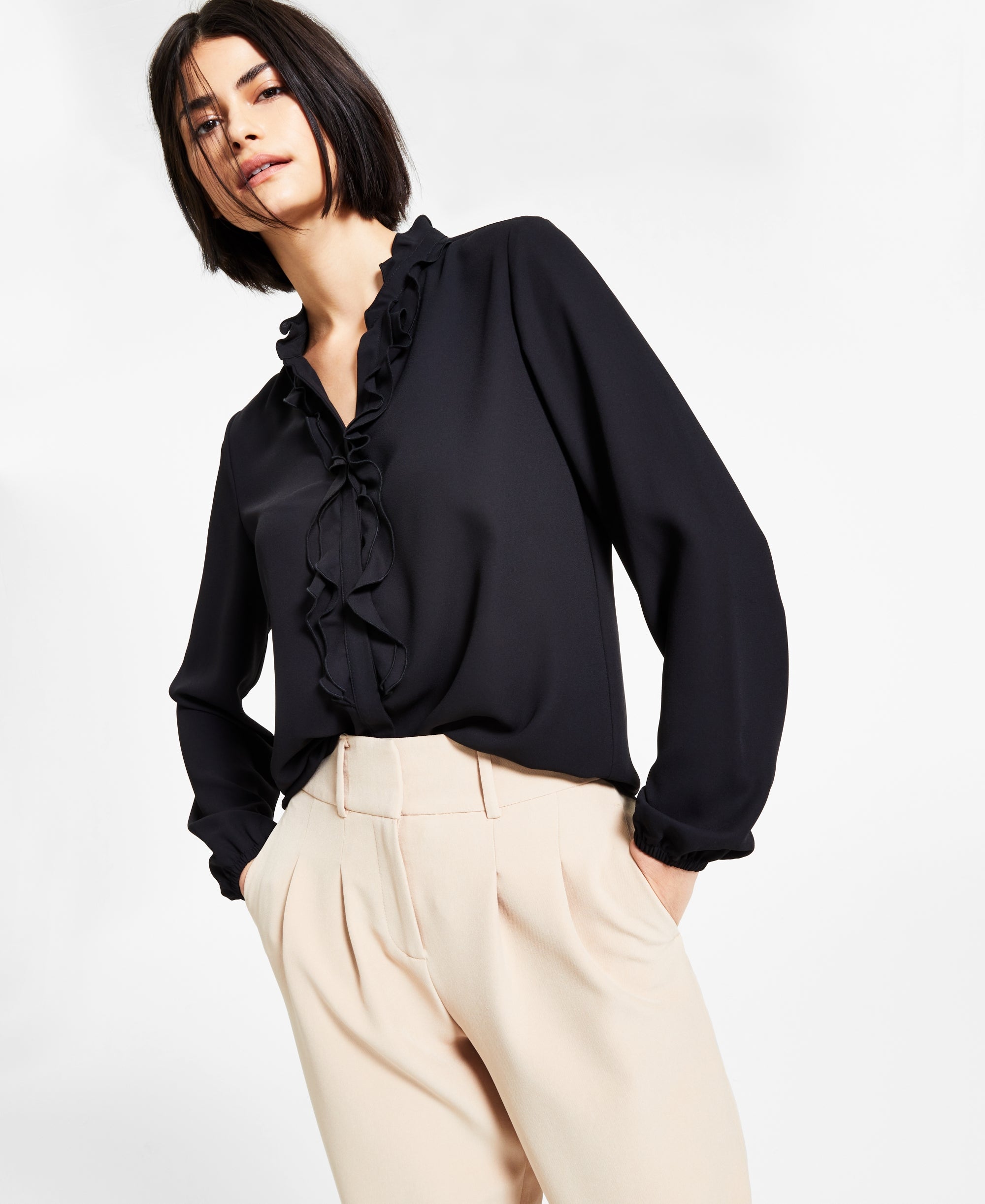 Bar III Womens Long Sleeve Ruffled Blouse