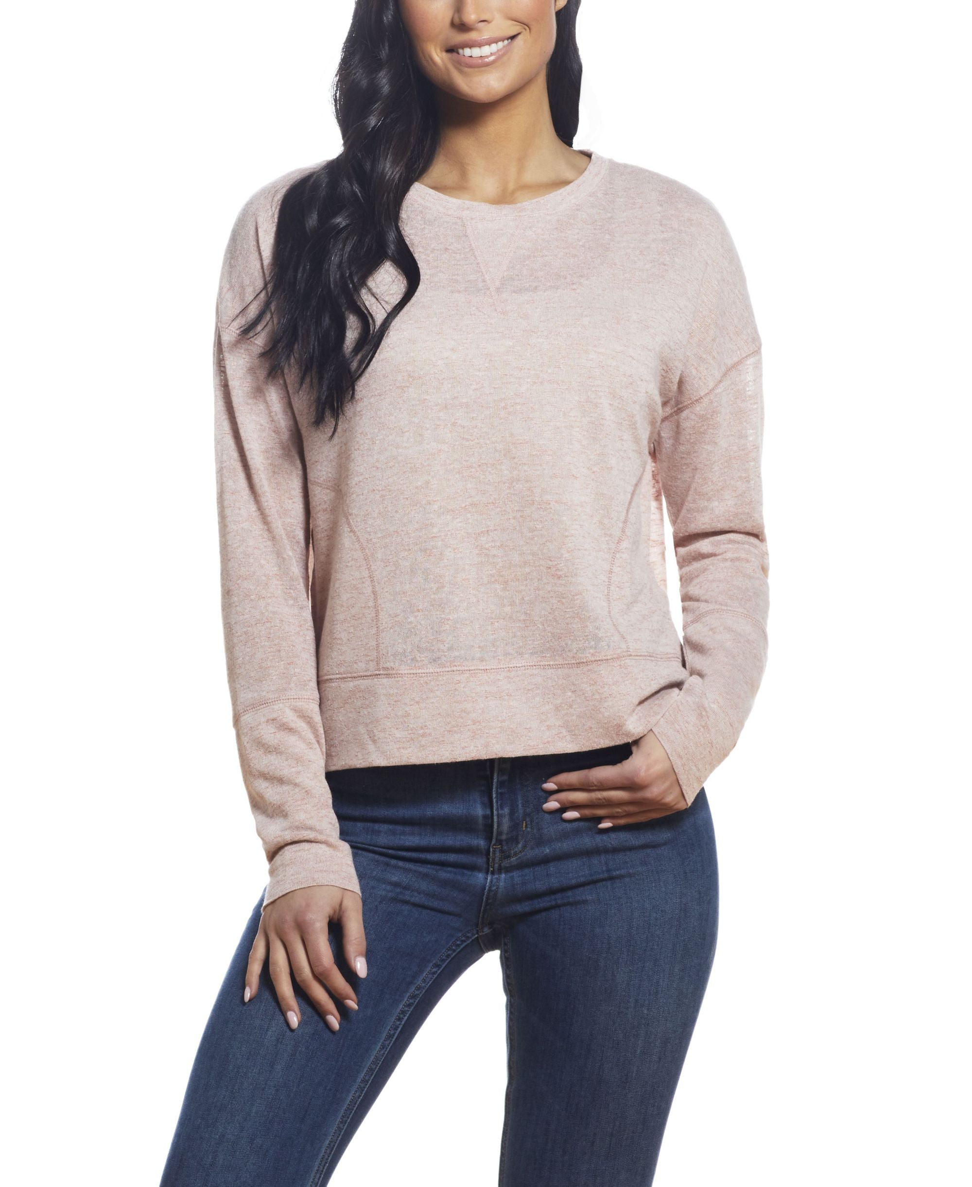 Womens Long Sleeve Slub Melange Crew Neck Top
