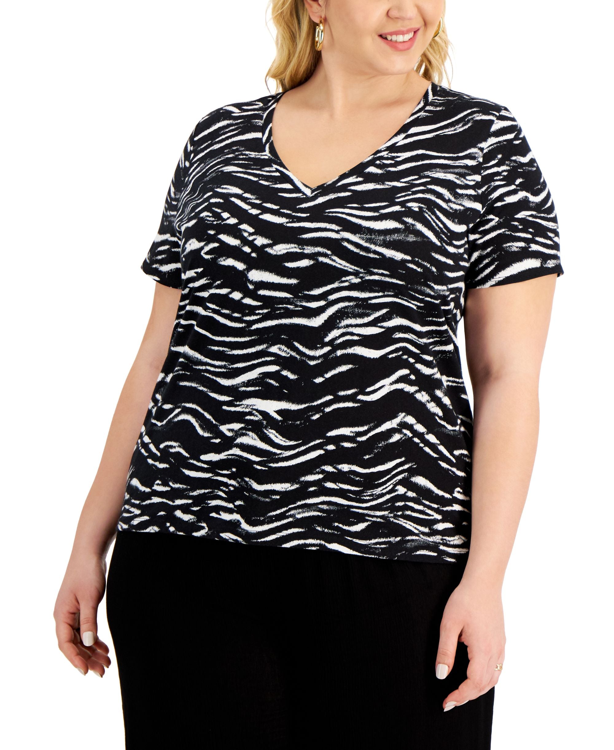 INC International Concepts Plus Size Animal Print V Neck Cotton Top