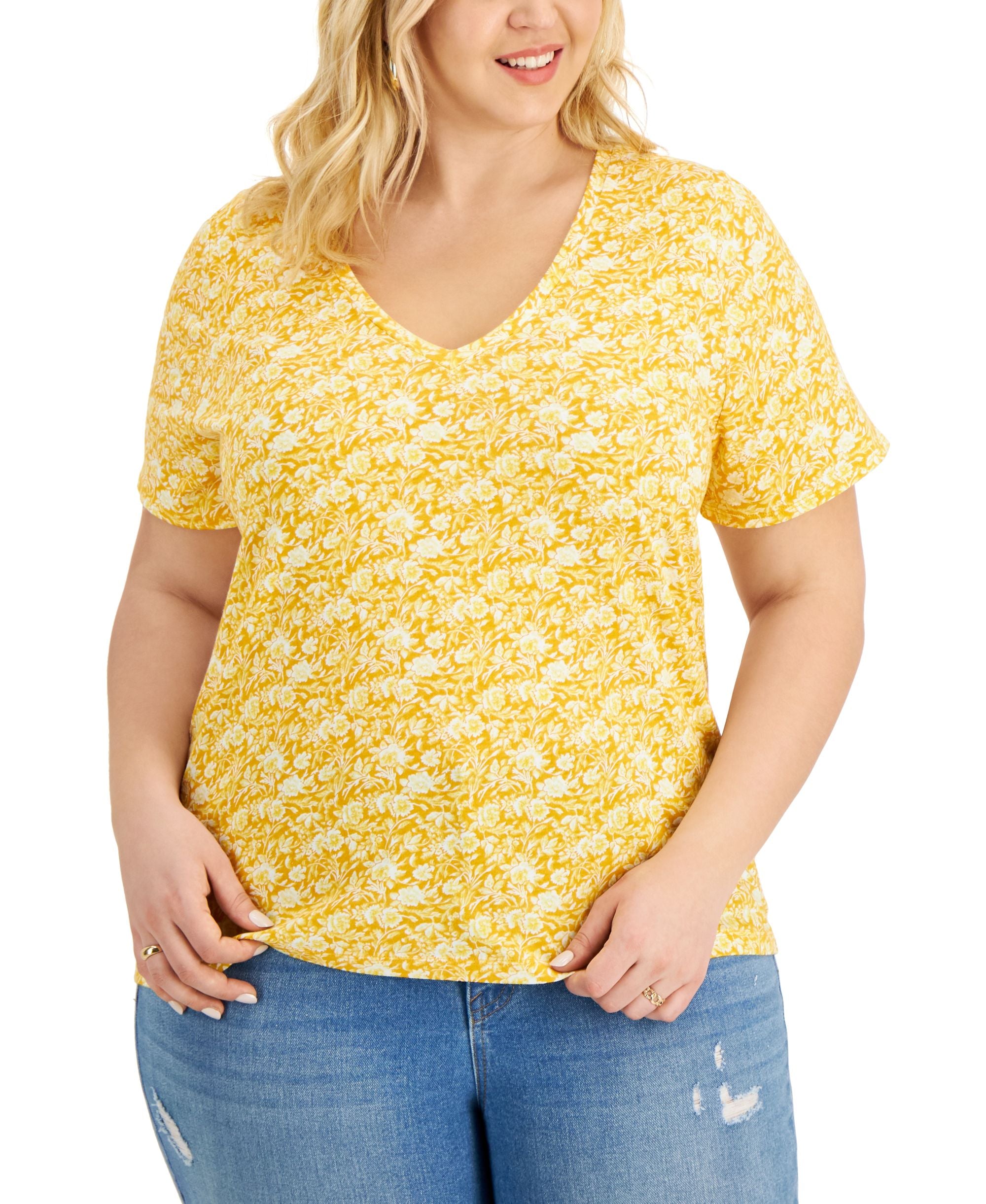 INC International Concepts Plus Size Printed V Neck Cotton Top