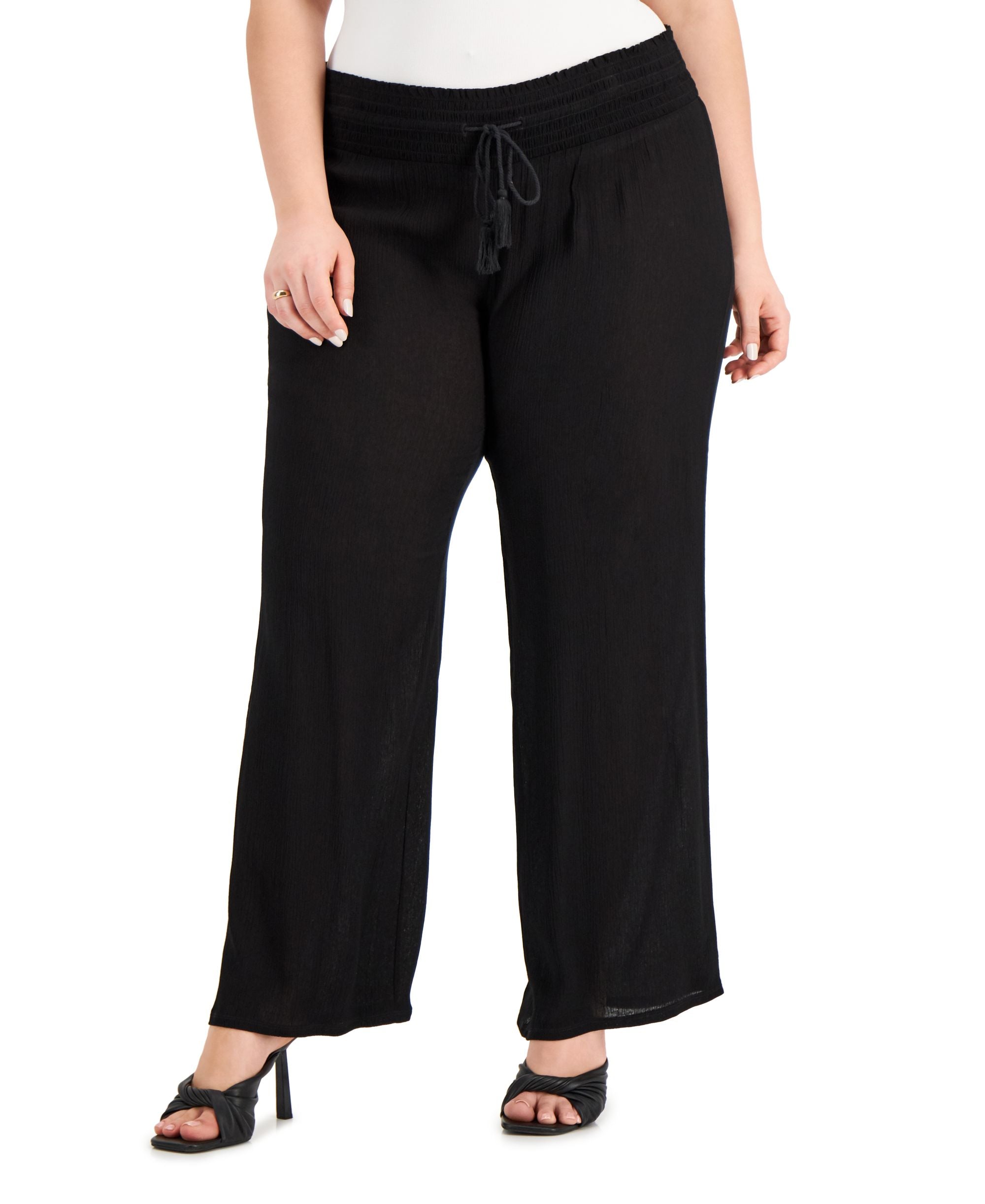 Inc International Concepts Plus Size Smocked-Waist Pull-On Crinkle-Gauze Pants