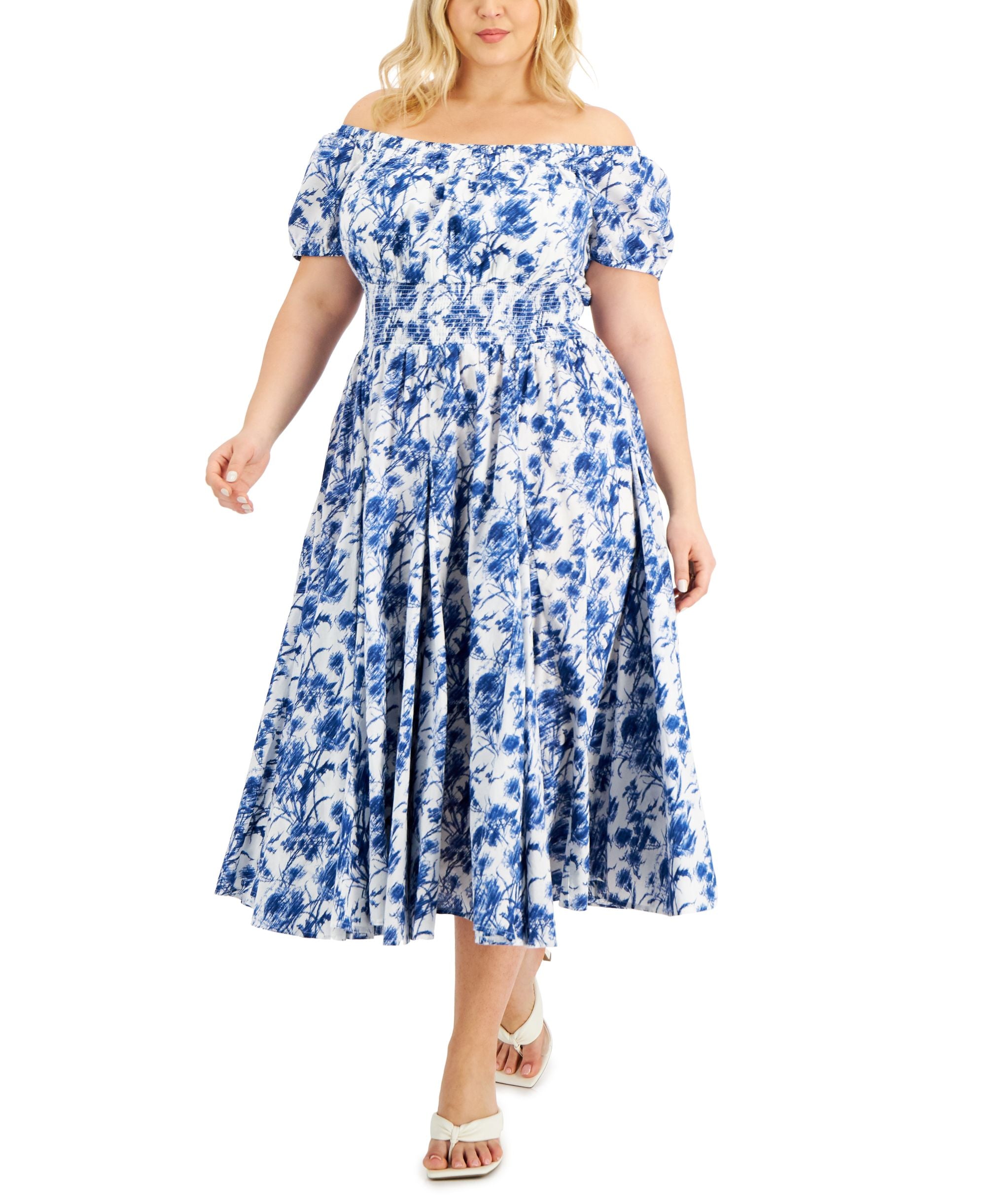 INC International Concepts Plus Size Printed Off The Shoulder Smocked Waist Dress