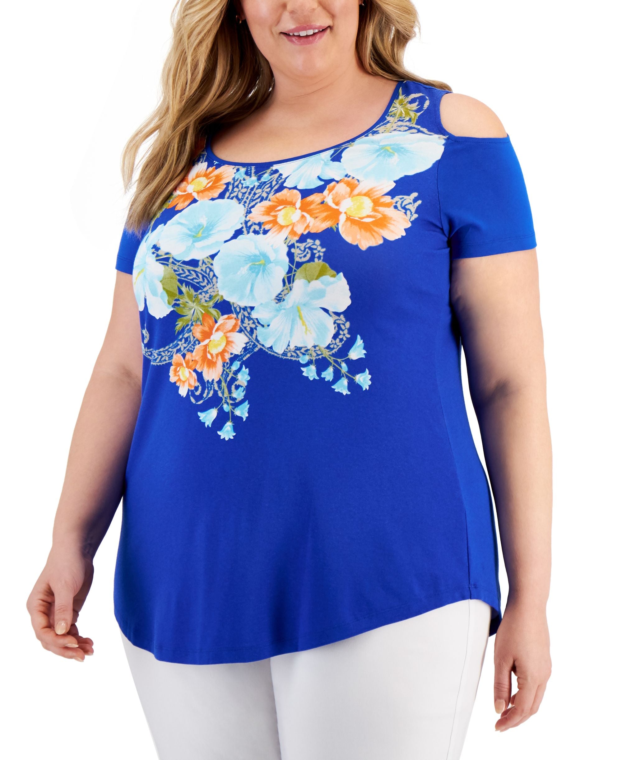 JM Collection Plus Size Floral Cold Shoulder Top