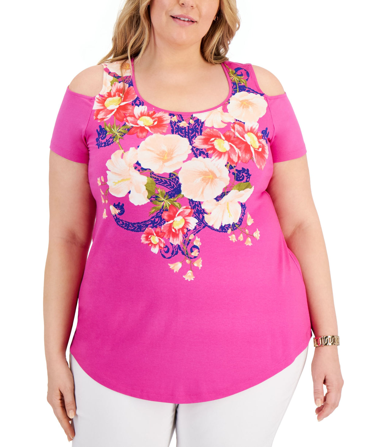 JM Collection Plus Size Floral Cold Shoulder Top