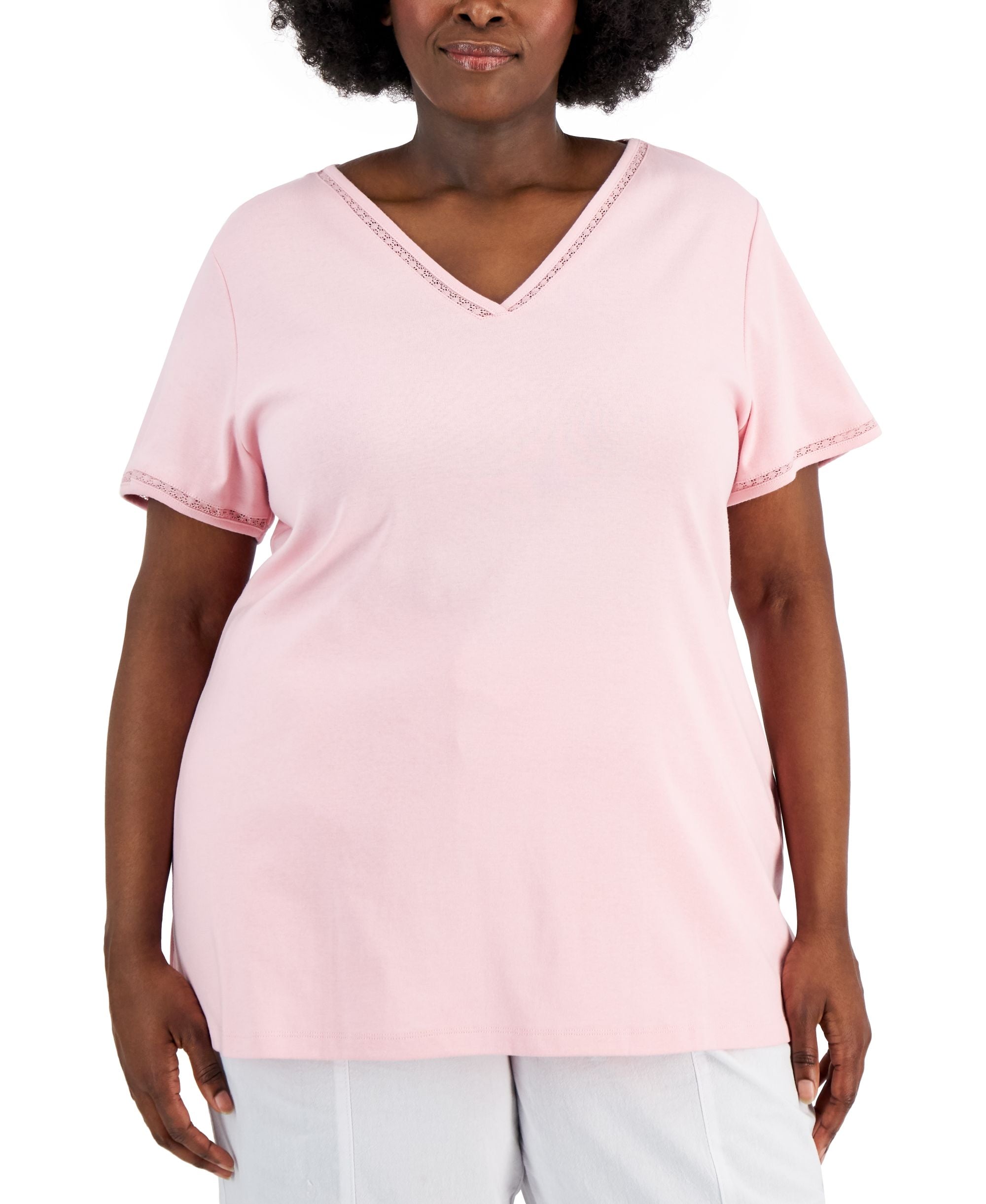 Karen Scott Plus Size Cotton Crochet Trimmed Top