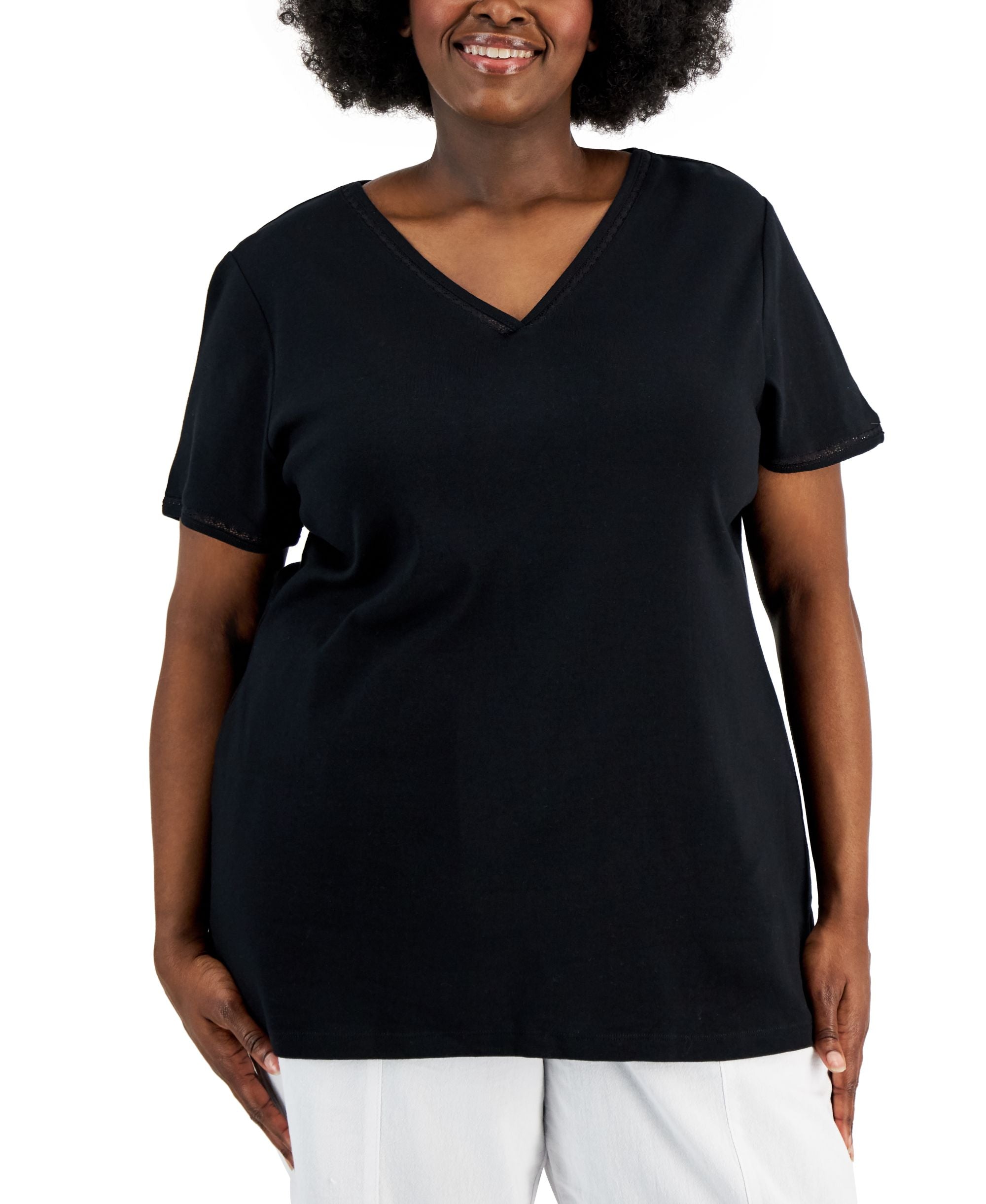 Karen Scott Plus Size Cotton Crochet Trimmed Top