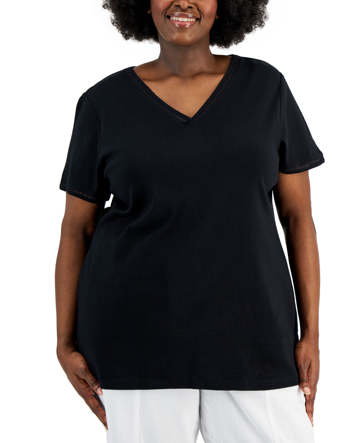 Karen Scott Plus Size Cotton Crochet Trimmed Top